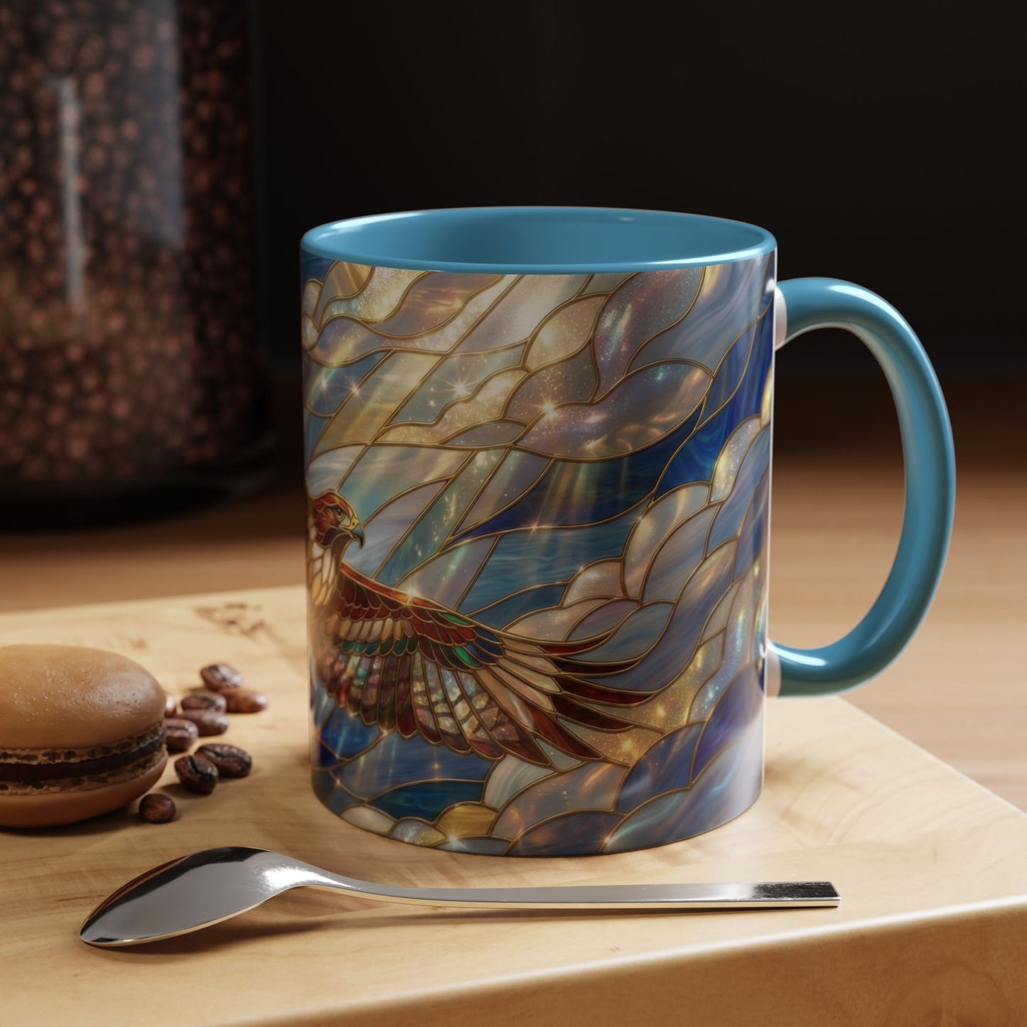 Stained Glass Hawk Mug, Soaring Bird Coffee Mug, Nature Art Hawk Cup, Bird Lover Gift, Stained Glass Style Animal Mug