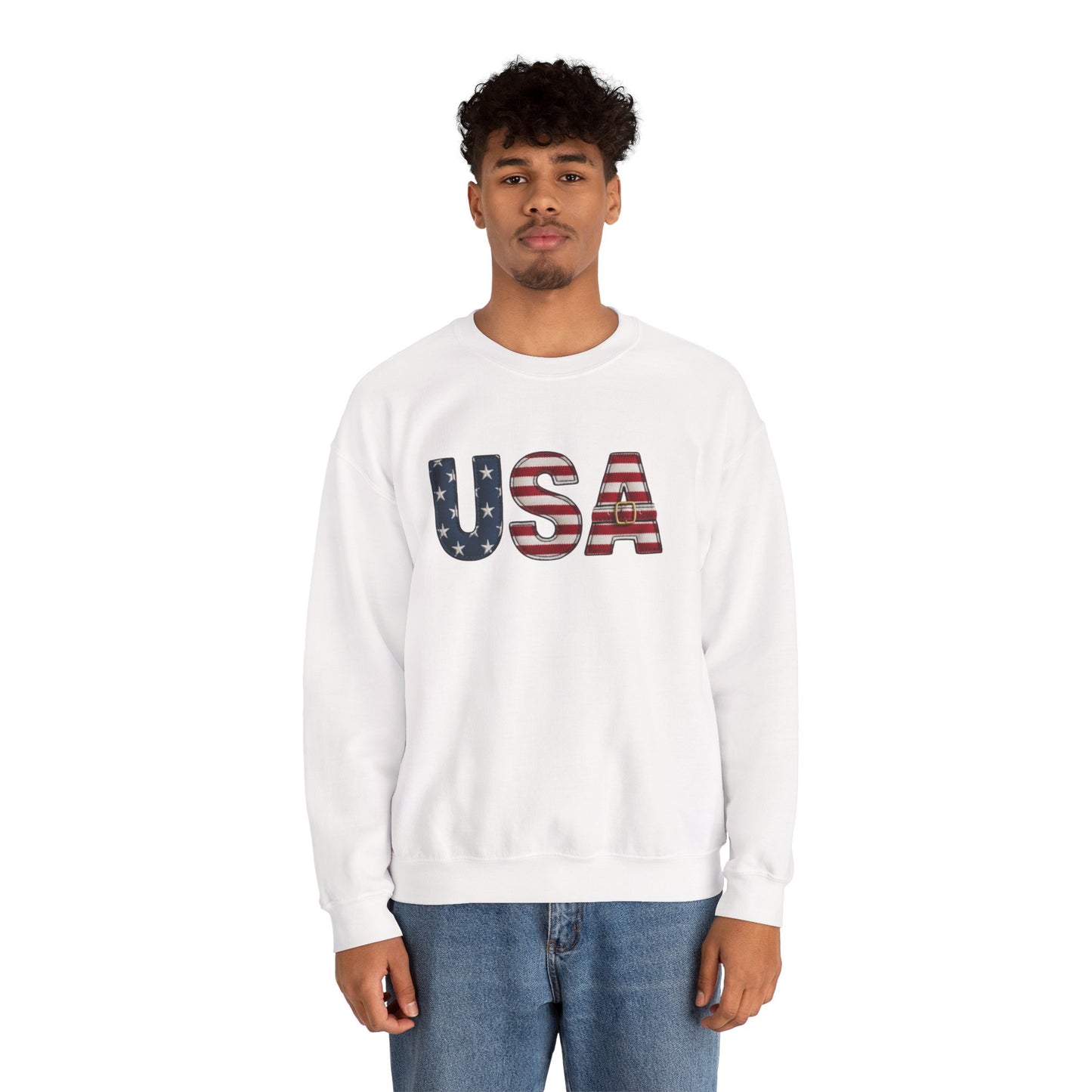 Faux Patchwork USA Sweatshirt, Patriotic Quilt Style Top, Rustic Americana Crewneck, 4th of July Shirt, Country USA Sweater, Vintage Flag Top