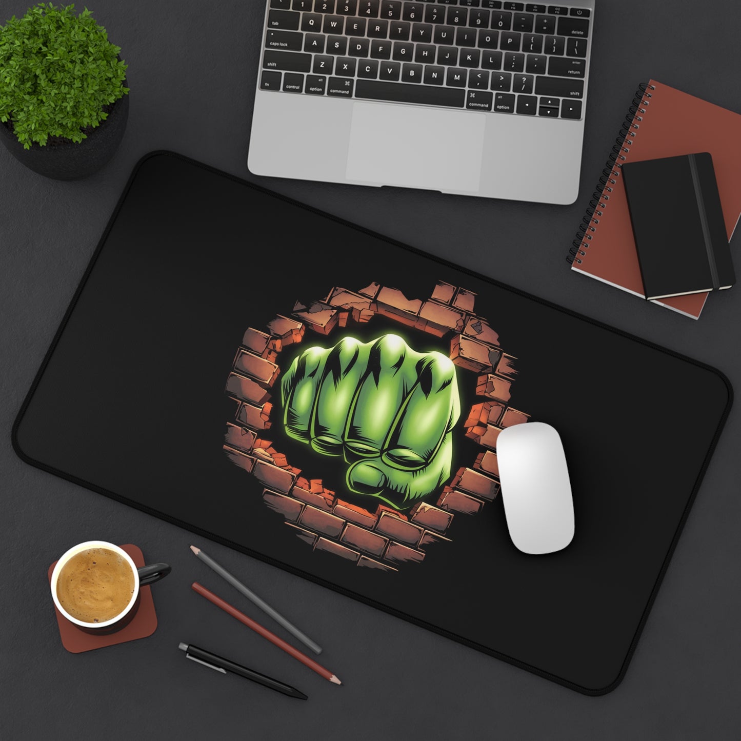 Desk Mat Green Fist Smashing Through Wall Fun Design Comic Book Mouse Pad for Geeks
