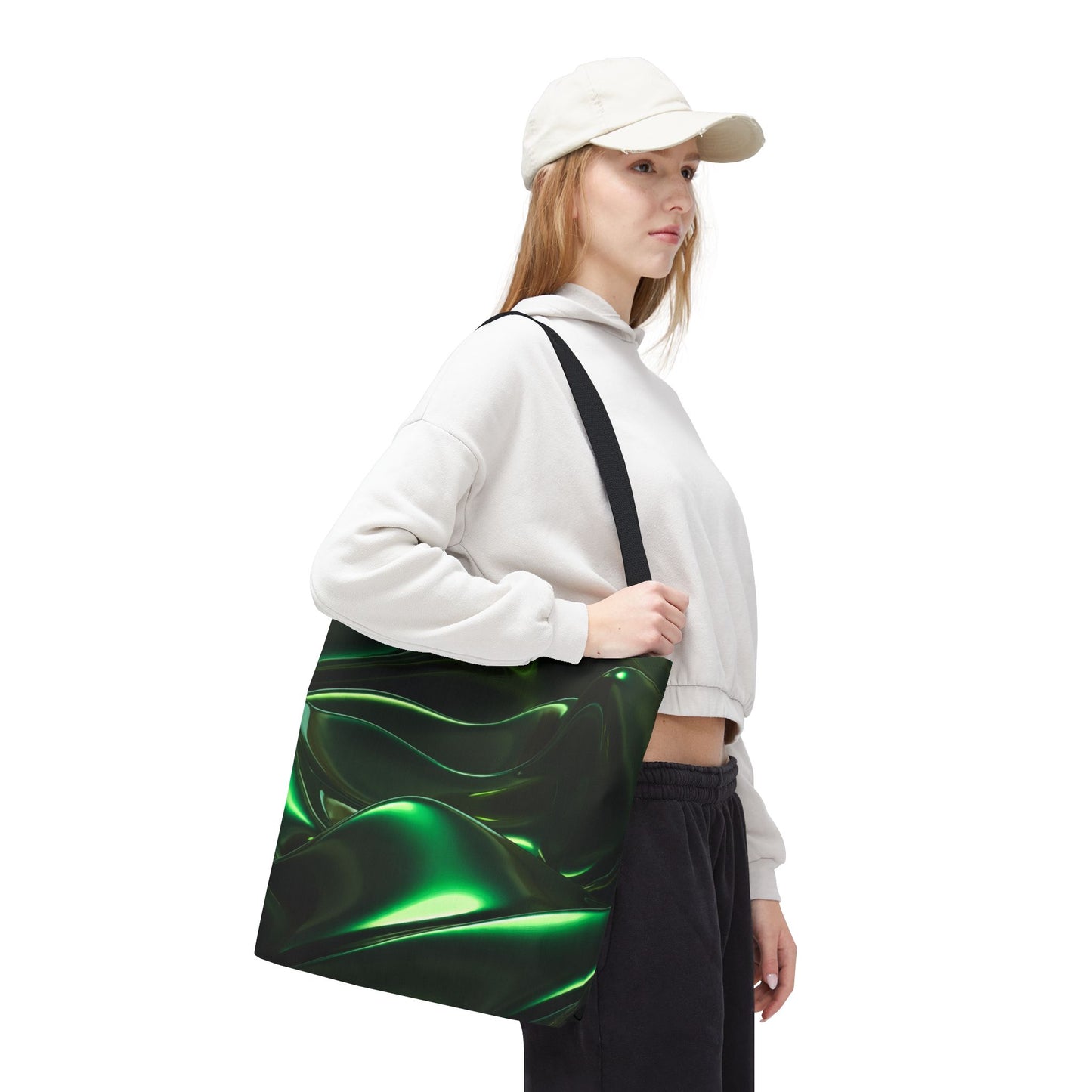 Futuristic Green Tote Bag - Abstract Metallic Wave Art Tote - Glossy Cyber Aesthetic Bag, Techwear Vibes, Edgy Gamer Gift, Trendy Street Style