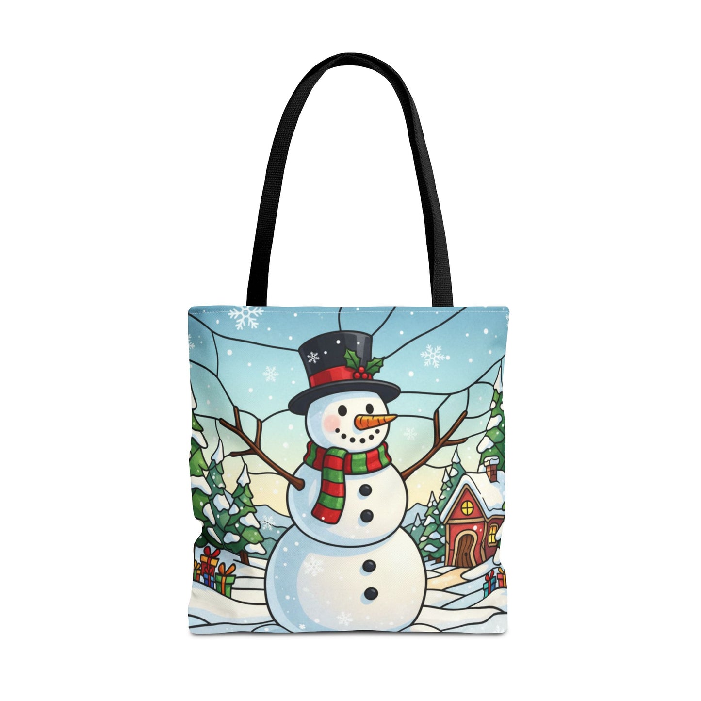 Stained Glass Snowman Christmas Tote Bag, Holiday Art Tote, Festive Winter Gift Bag, Colorful Christmas Scene Reusable Shopping Bag
