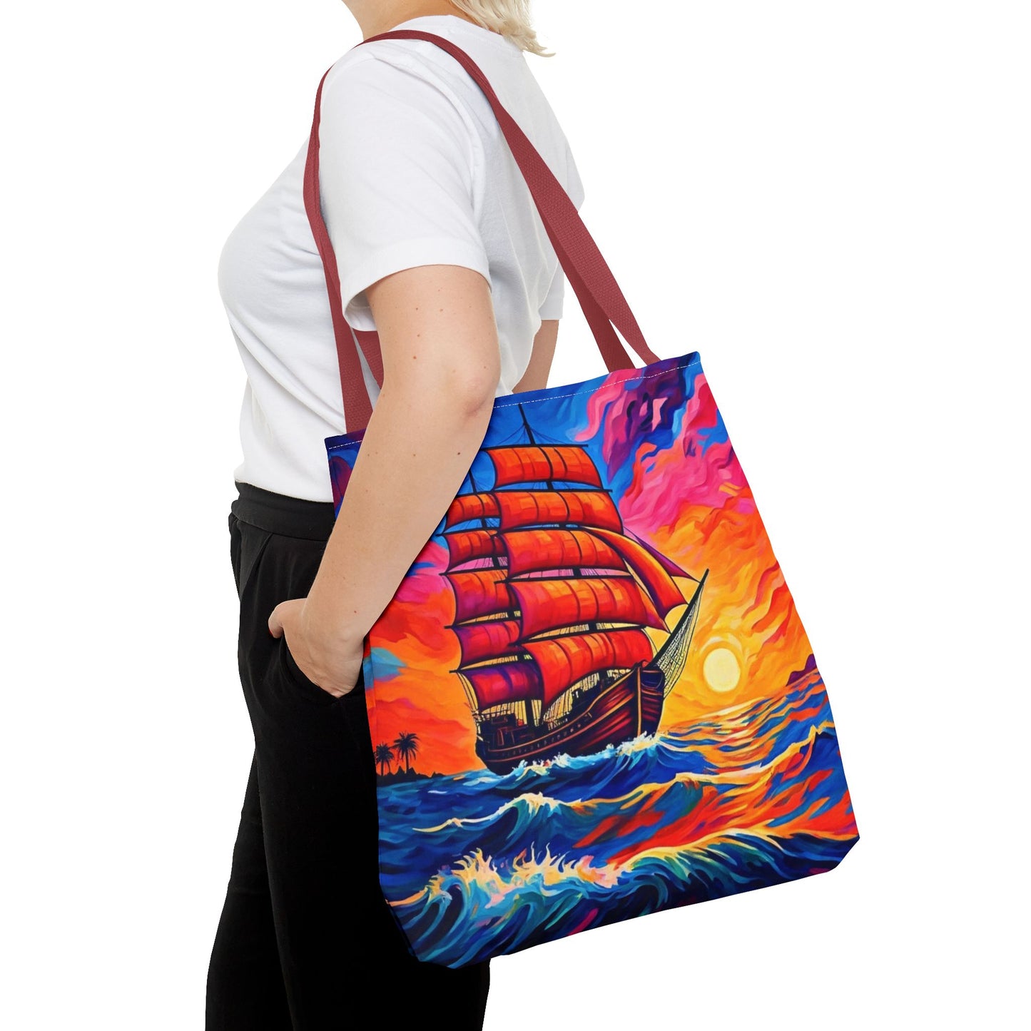 Crimson Voyage Tote Bag, Red Sailboat At Sunset Artistic Ocean Design, Nautical Reusable Tote For Beach, Travel, And Everyday Use