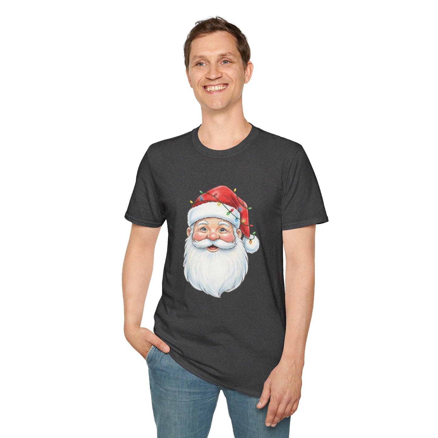 Santa Face Christmas Shirt, Vintage Santa T-Shirt, Santa With Christmas Lights Tee, Cute Christmas Graphic Tee, Holiday Santa Claus Shirt