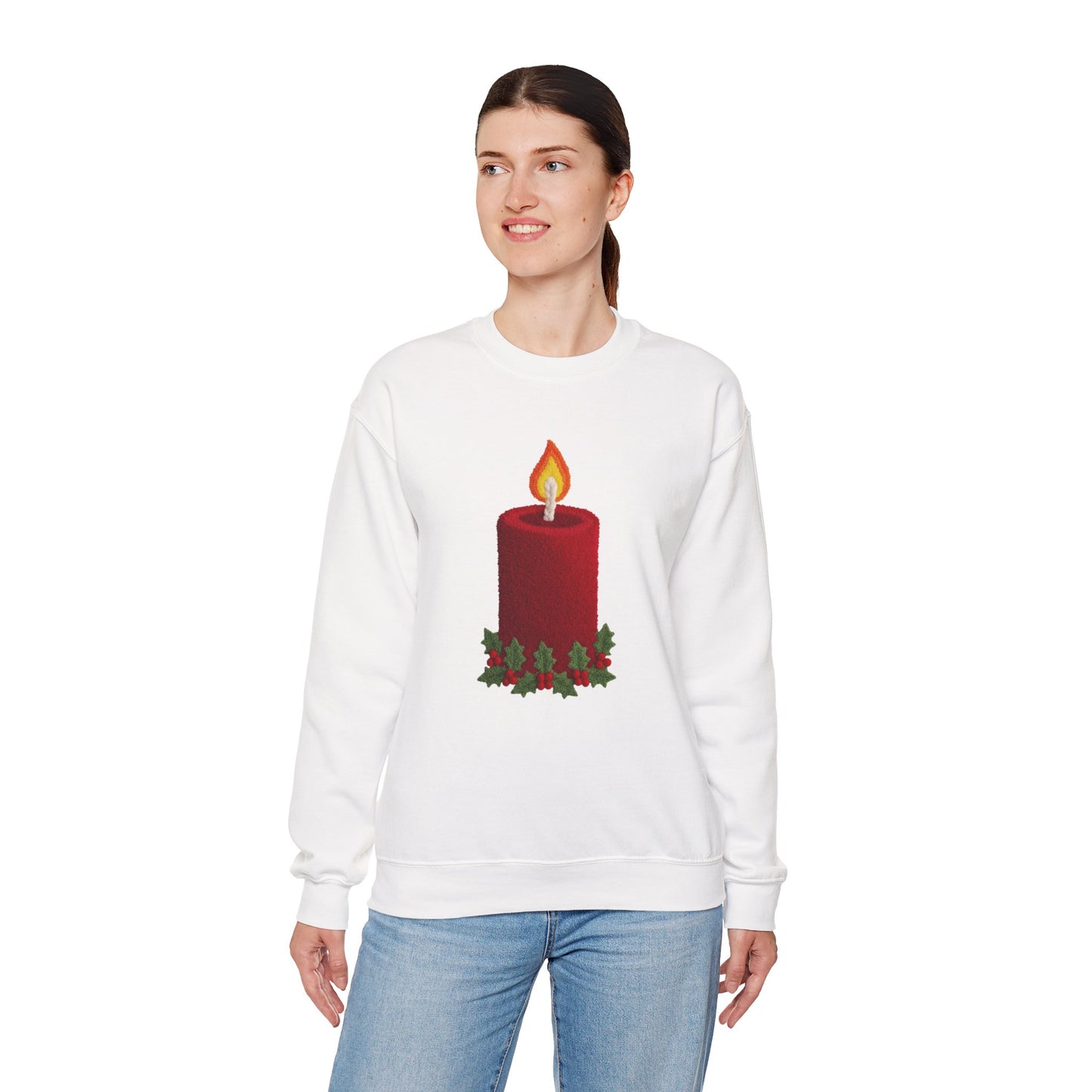 Faux Patchwork Crochet Candle Sweatshirt, Christmas Candle Sweater, Holiday Cozy Winter Crewneck, Cute Xmas Candle Sweatshirt, Unisex Holiday Top