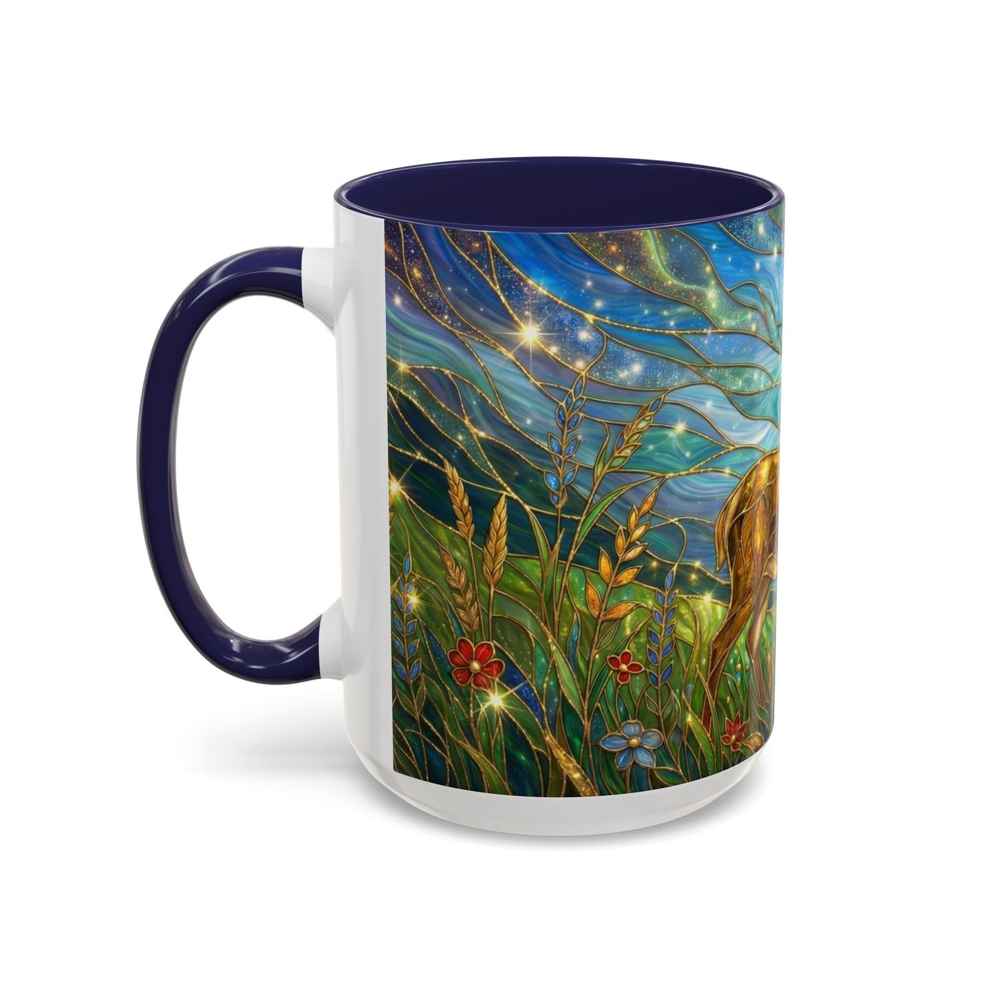 Stained Glass Deer Mug, Woodland Art Coffee Cup, Nature Forest Mug, Blue Green Gold Glass Style Mug, Gift For Nature Lovers Decor