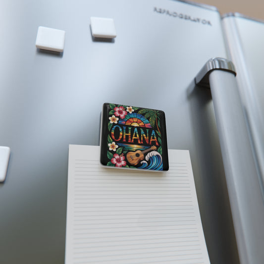 Ohana Hawaiian Porcelain Magnet - Tropical Sunset, Ukulele & Hibiscus Fridge Decor, Hawaii Gift, Family Keepsake, Aloha Kitchen Accessory