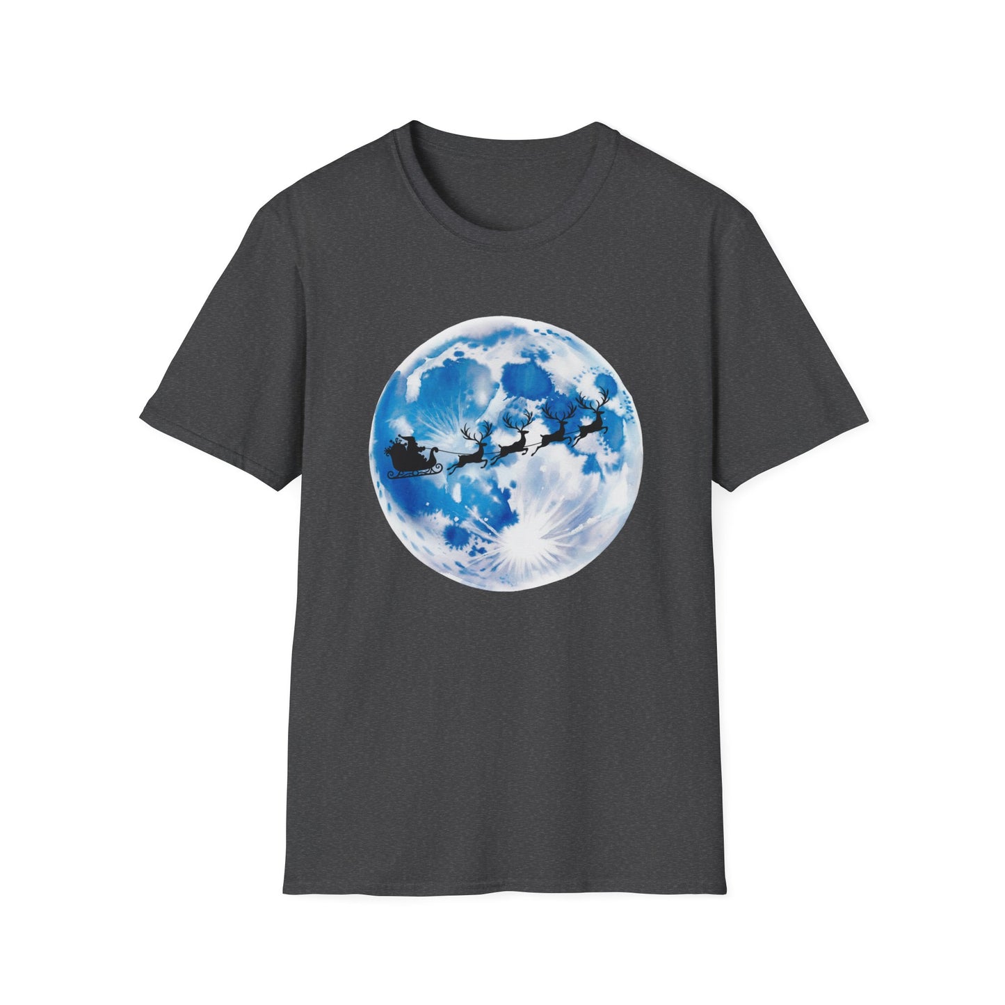 Santa Moon Christmas T-Shirt, Reindeer Sleigh Christmas Tee, Holiday Moonlight Xmas Shirt, Festive Christmas Graphic Tee, Winter Night Christmas Gift Tee
