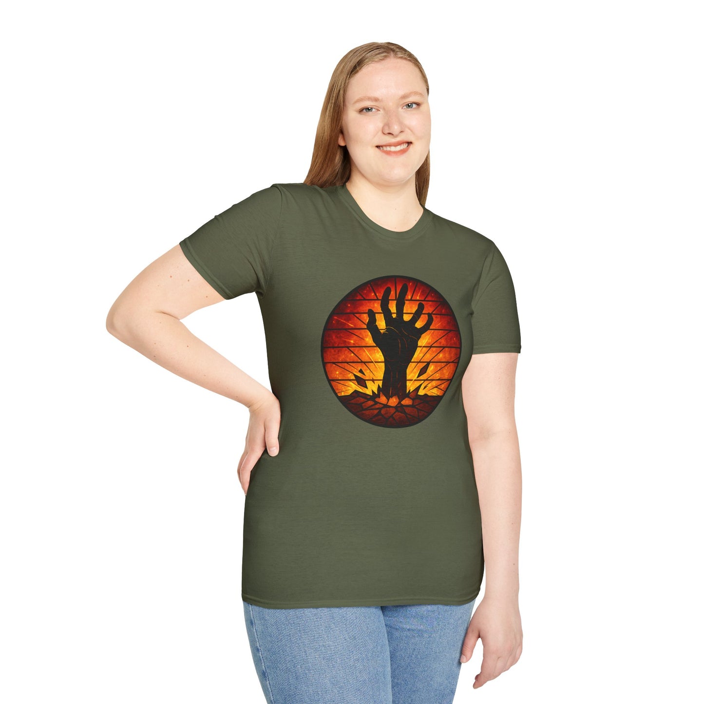 Zombie Hand Sunset T-Shirt – Stained Glass Horror Shirt, Halloween Gothic Tee, Undead Rising Art Tee, Creepy Spooky Shirt for Fall