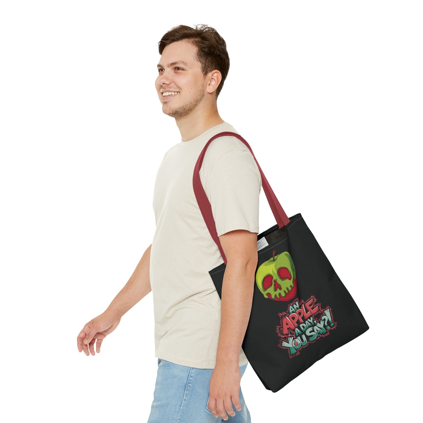 Spooky Halloween Tote Bag – Poison Apple Design – Funny Gothic Tote – Trick or Treat Bag – Creepy Apple Pun Gift – Black Tote Bag