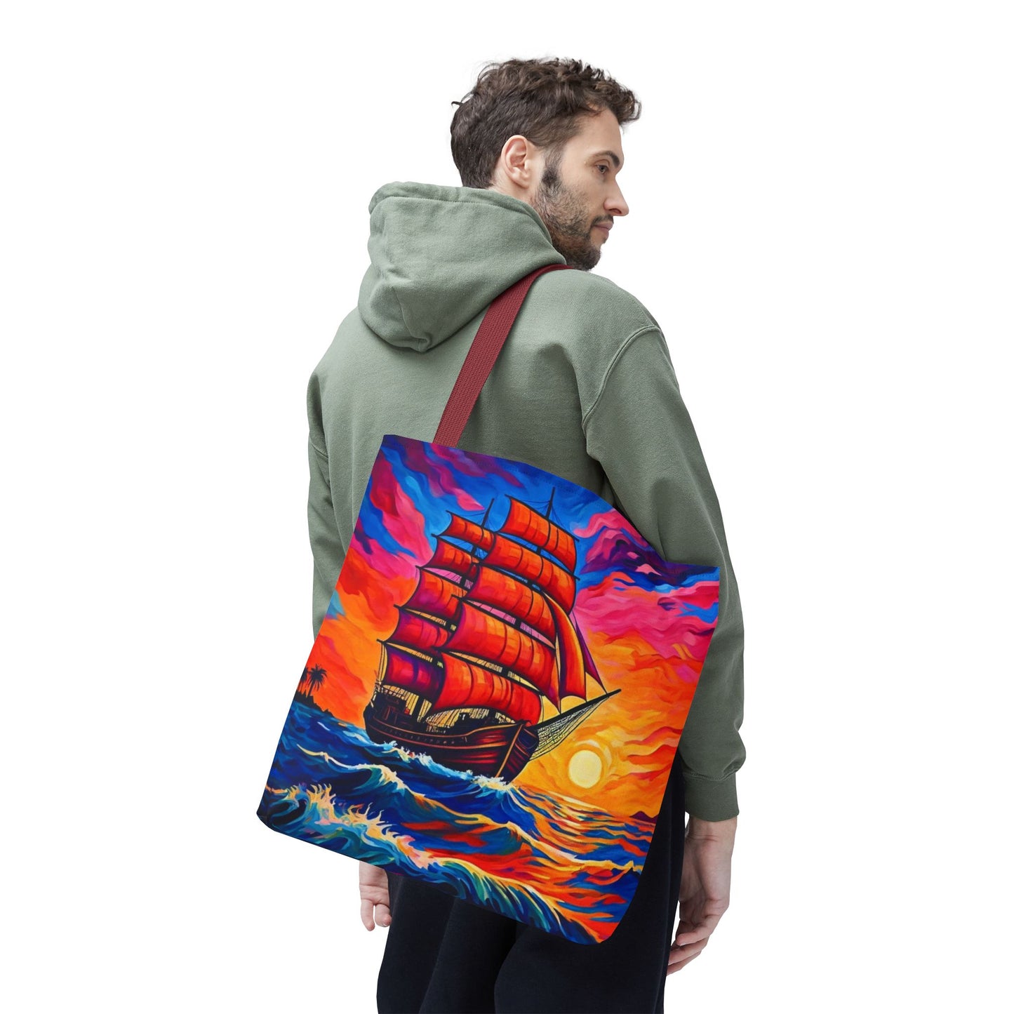 Crimson Voyage Tote Bag, Red Sailboat At Sunset Artistic Ocean Design, Nautical Reusable Tote For Beach, Travel, And Everyday Use
