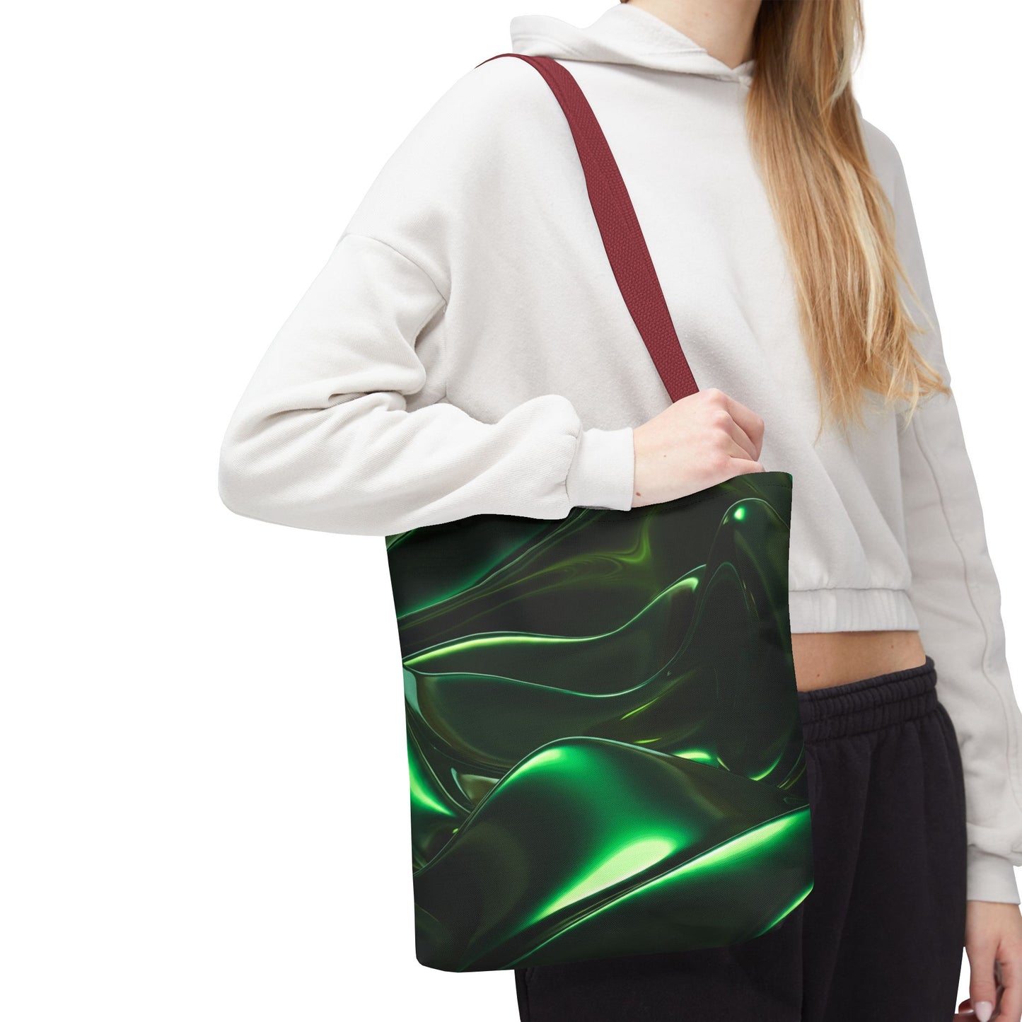 Futuristic Green Tote Bag - Abstract Metallic Wave Art Tote - Glossy Cyber Aesthetic Bag, Techwear Vibes, Edgy Gamer Gift, Trendy Street Style