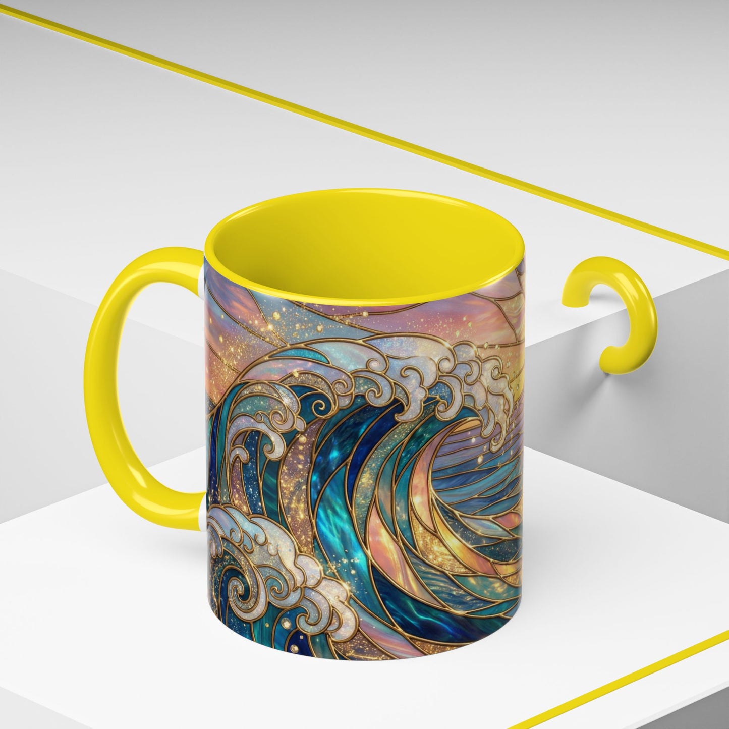 Stained Glass Ocean Wave Mug, Sunrise Beach Coffee Cup, Japanese Art Gift, Coastal Decor Kitchen, Mosaic Sea Tea Cup, Blue Gold Nature Lover