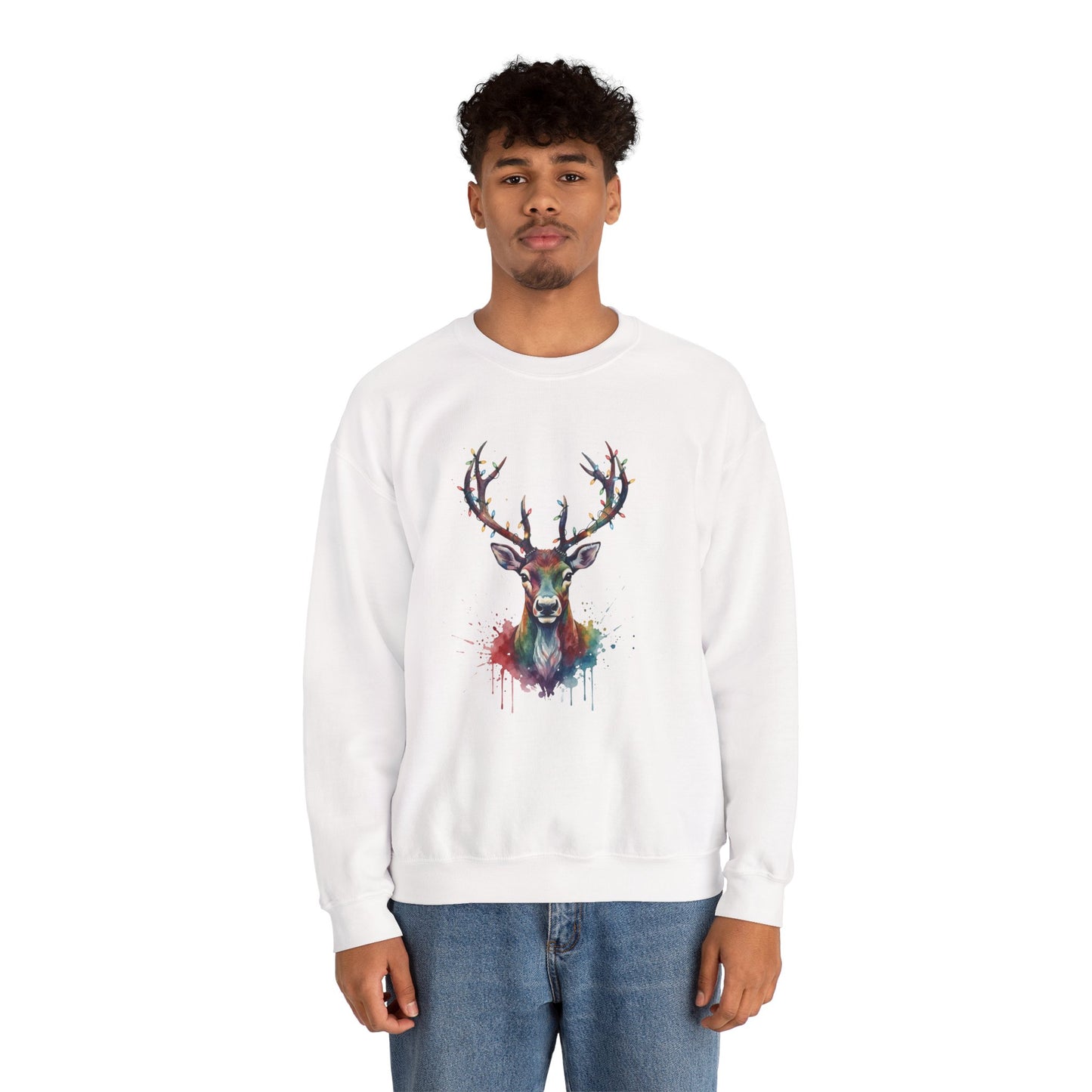 Colorful Reindeer Christmas Sweatshirt, Holiday Deer Lights Sweater, Watercolor Winter Crewneck, Festive Cozy Gift For Him Or Her