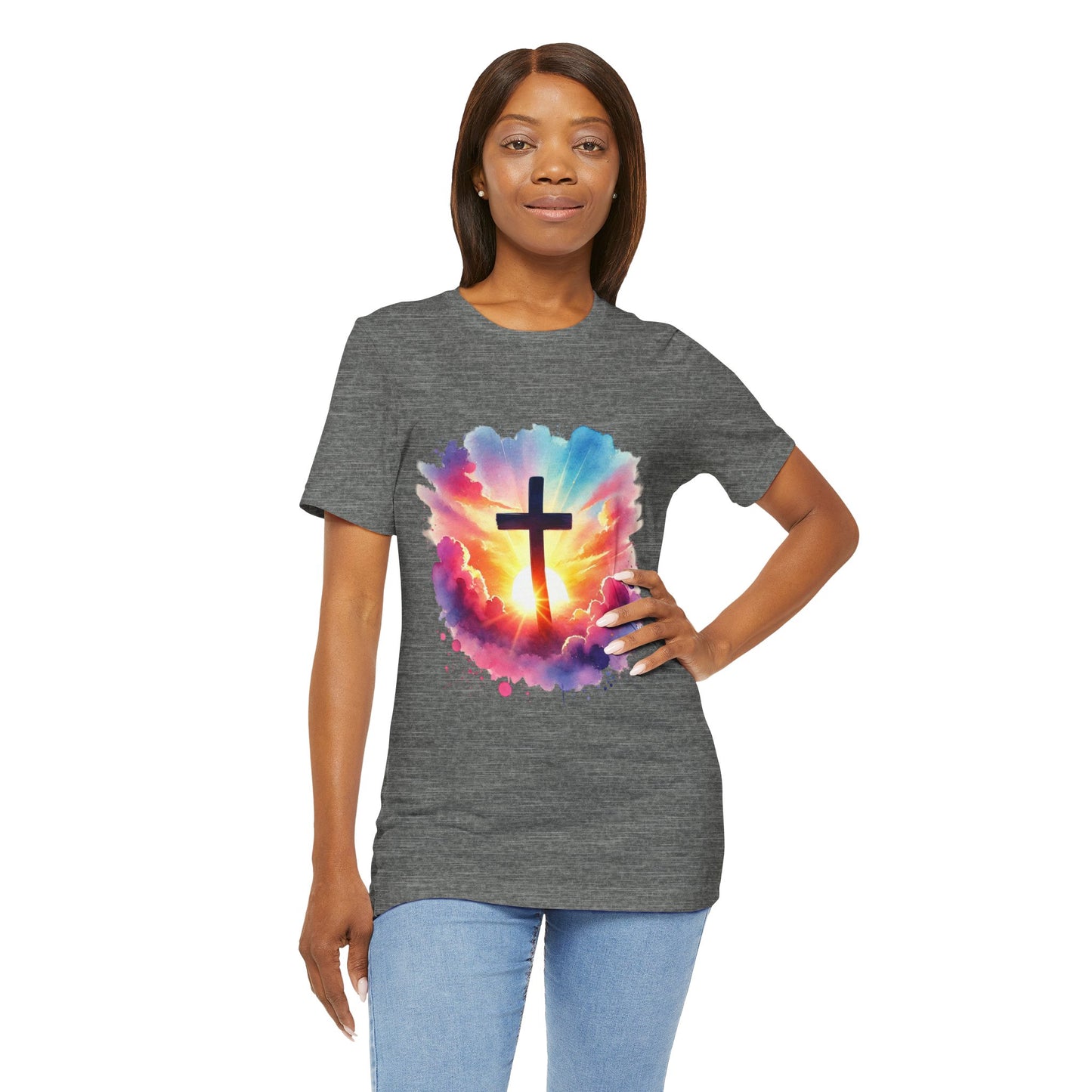 Faith Cross Sunburst Christian Tee | Inspirational Christian T-Shirt | Colorful Sunrise Cross Shirt | Faith Gifts for Women Men
