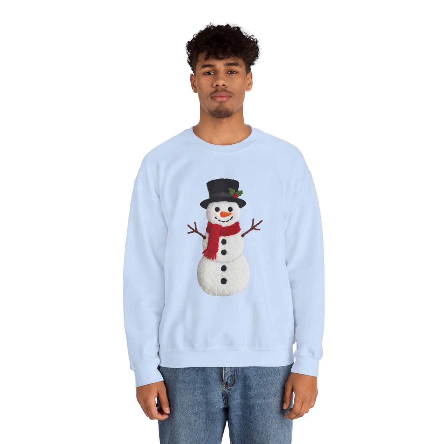Faux Patchwork Crochet Snowman Sweatshirt, Winter Snowman Crewneck, Cozy Holiday Sweater, Christmas Sweatshirt, Festive Winter Shirt, unisex gift