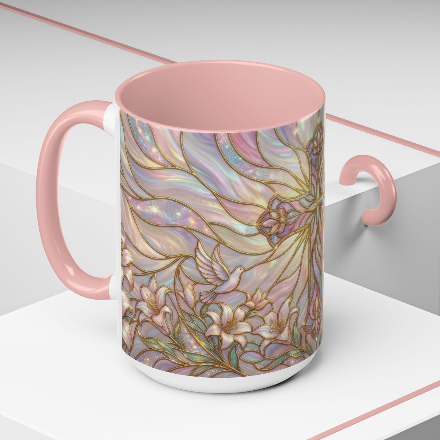 Stained Glass Cross Mug, Easter Lily Coffee Cup, Christian Gift for Women, Pastel Religious Drinkware, Dove and Faith Cup, Spiritual