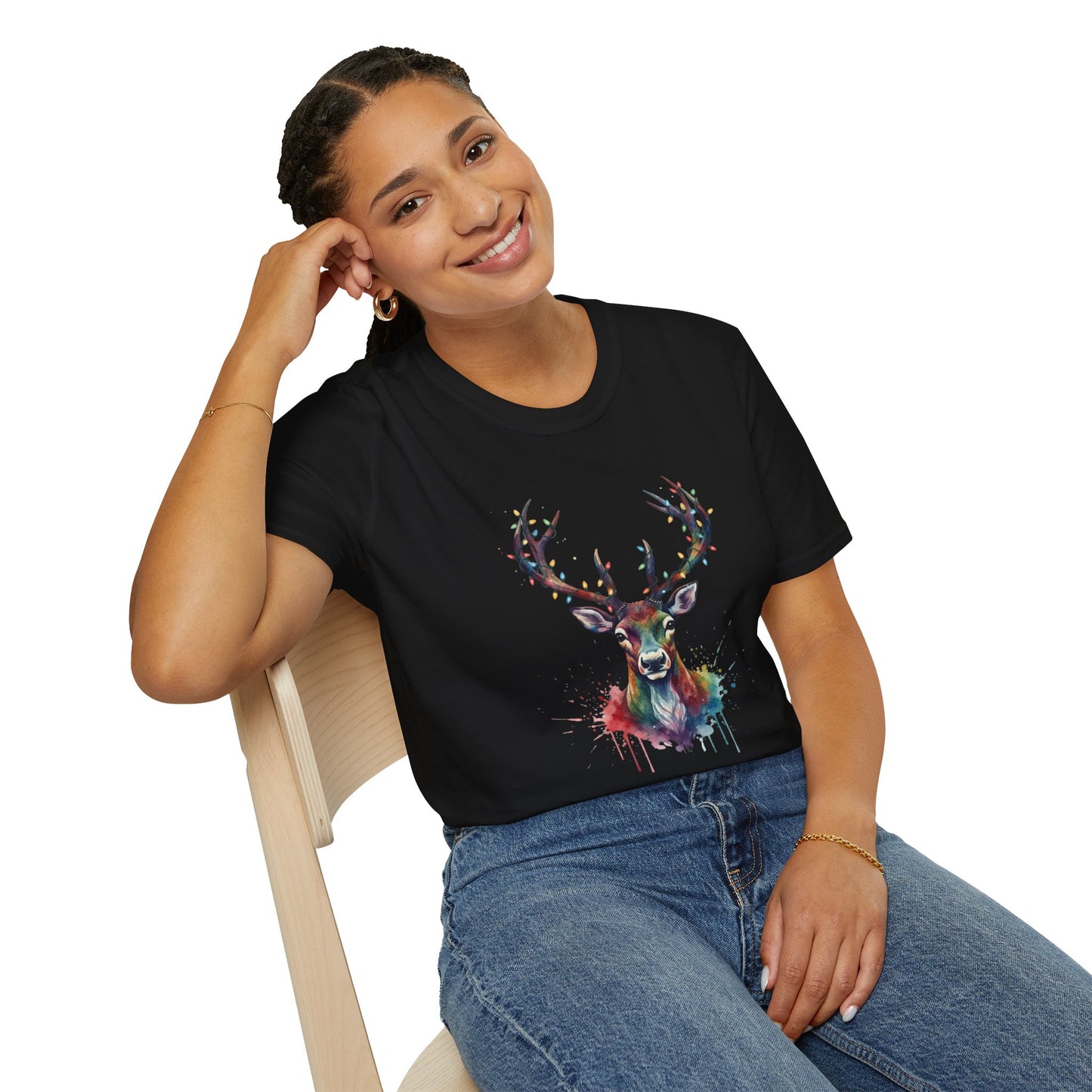 Christmas Deer Shirt, Watercolor Buck T-Shirt, Deer With Christmas Lights Tee, Holiday Wildlife Art Shirt, Colorful Deer Head Xmas Tee