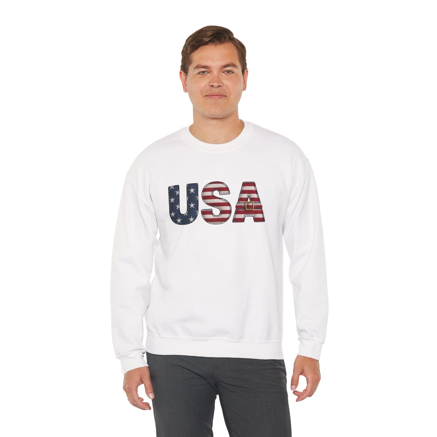 Faux Patchwork USA Sweatshirt, Patriotic Quilt Style Top, Rustic Americana Crewneck, 4th of July Shirt, Country USA Sweater, Vintage Flag Top