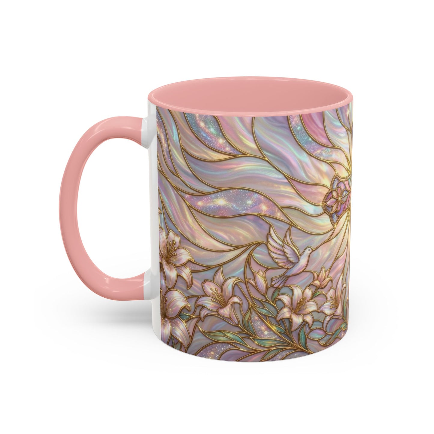 Stained Glass Cross Mug, Easter Lily Coffee Cup, Christian Gift for Women, Pastel Religious Drinkware, Dove and Faith Cup, Spiritual