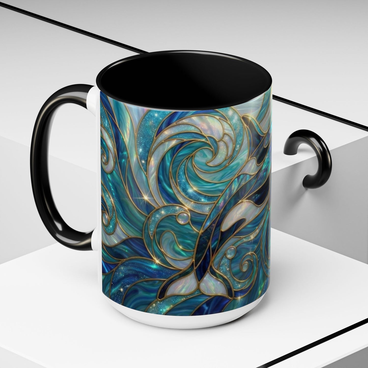 Orca Whale Coffee Mug, Ocean Art Mug, Stained Glass Whale Design, Marine Life Gift, Ceramic Coffee Cup, 11oz 15oz Waves Mug, Coastal Decor