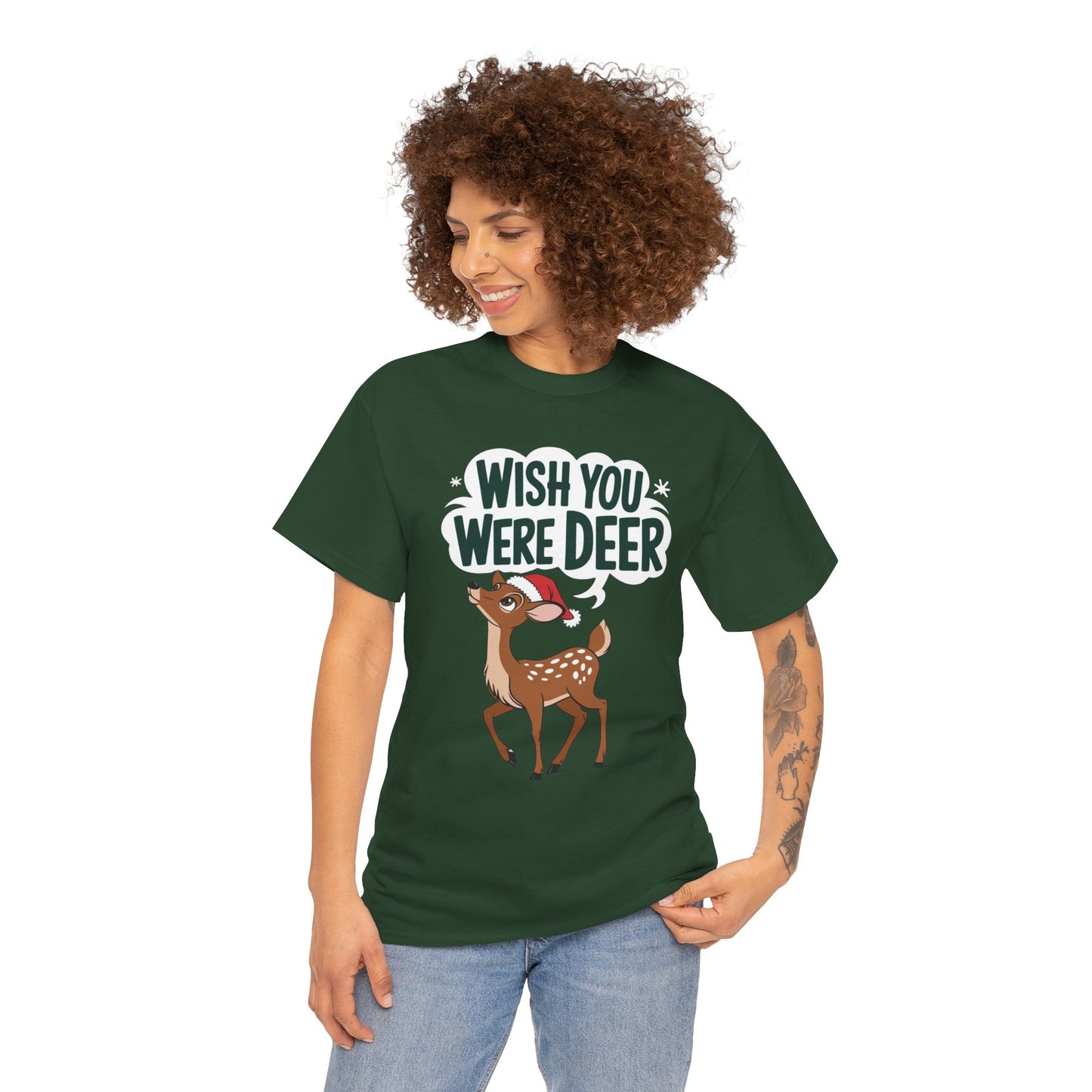 Wish You Were Deer Funny Christmas T-Shirt, Cute Reindeer Holiday Tee, Pun Christmas Shirt, Festive Santa Hat Deer Graphic Tee Gift