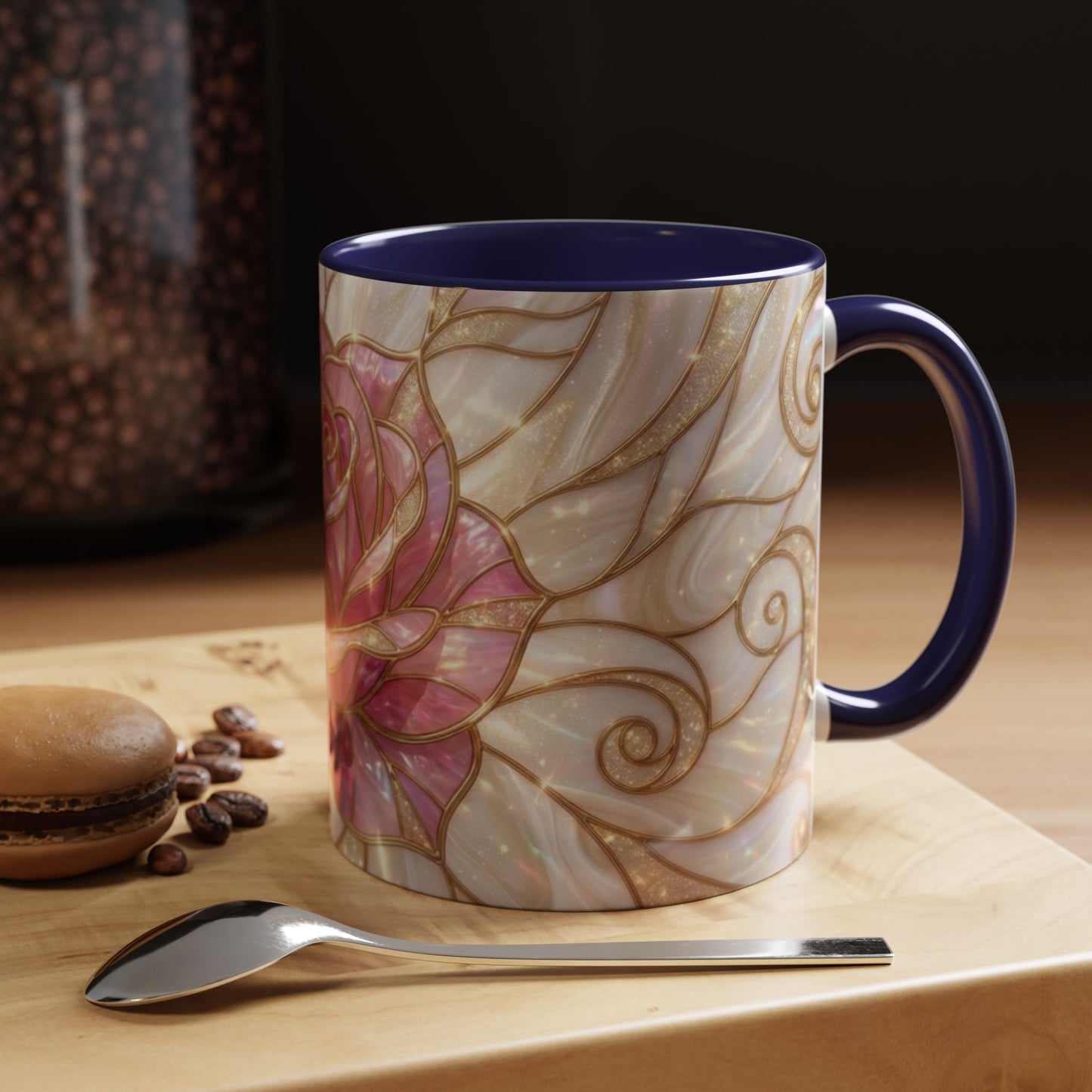 Pink Rose Stained Glass Mug, Gold Floral Coffee Cup, Romantic Flower Tea Cup, Gardener Gift For Mom, Botanical Art, Wife Birthday Gift