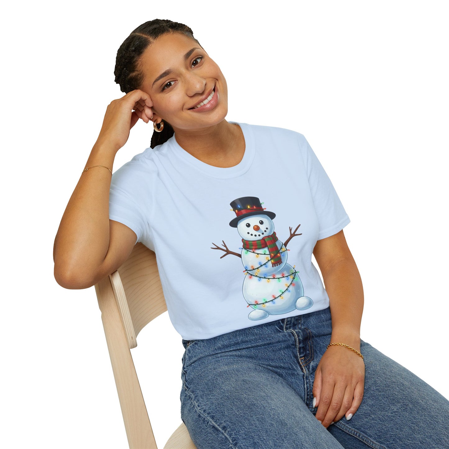Cute Snowman Christmas Shirt, Snowman Wrapped in Christmas Lights Tee, Holiday Winter Snowman Top Hat Shirt, Funny Cozy Christmas T Shirt