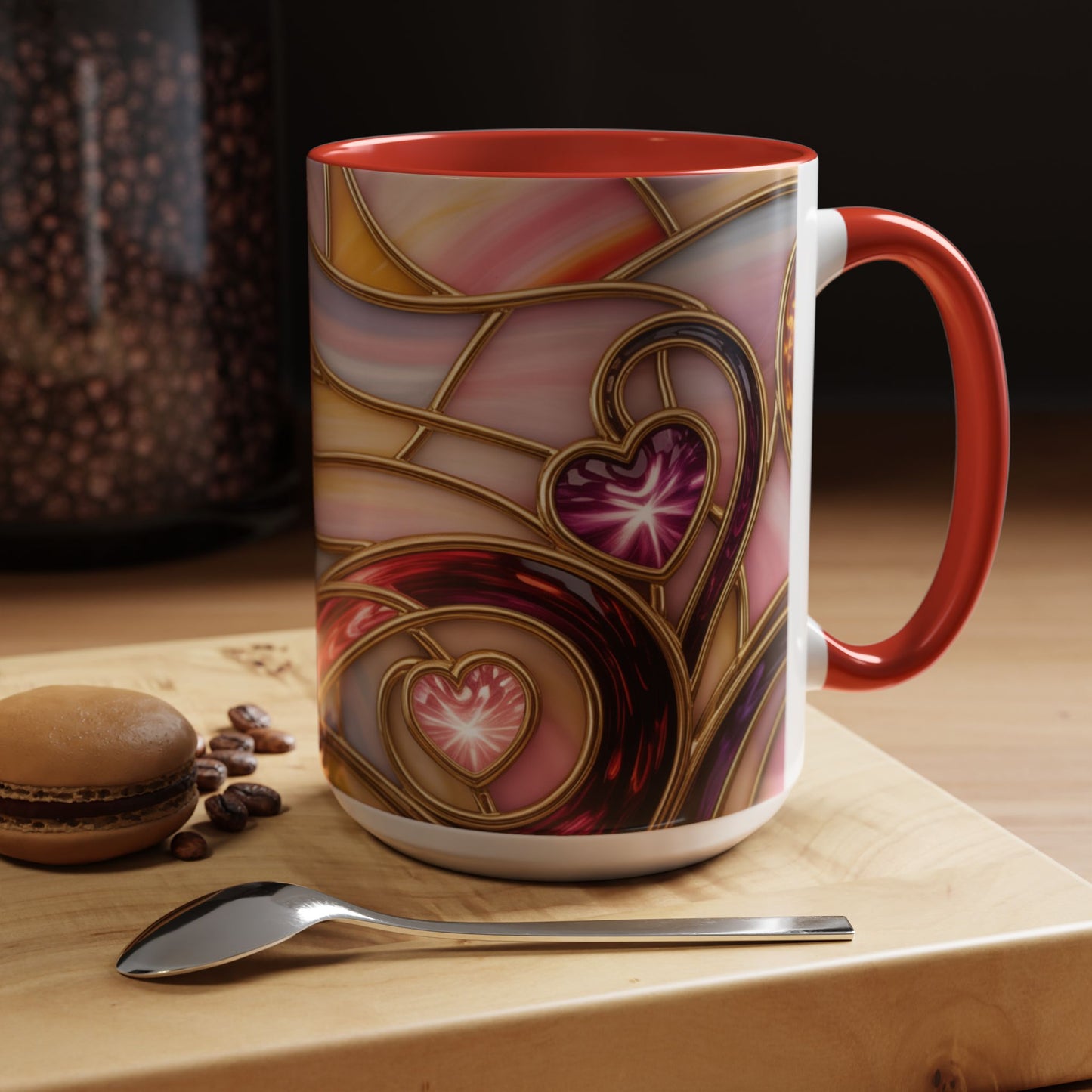 Stained Glass Heart Mug, Romantic Love Coffee Cup, Pink Red Gold Glass Style Mug, Valentine Gift For Her, Anniversary Wedding Decor