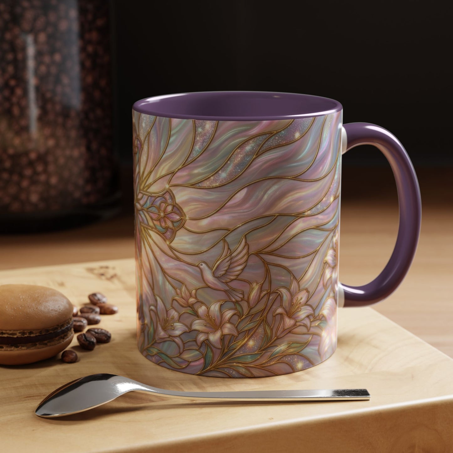 Stained Glass Cross Mug, Easter Lily Coffee Cup, Christian Gift for Women, Pastel Religious Drinkware, Dove and Faith Cup, Spiritual