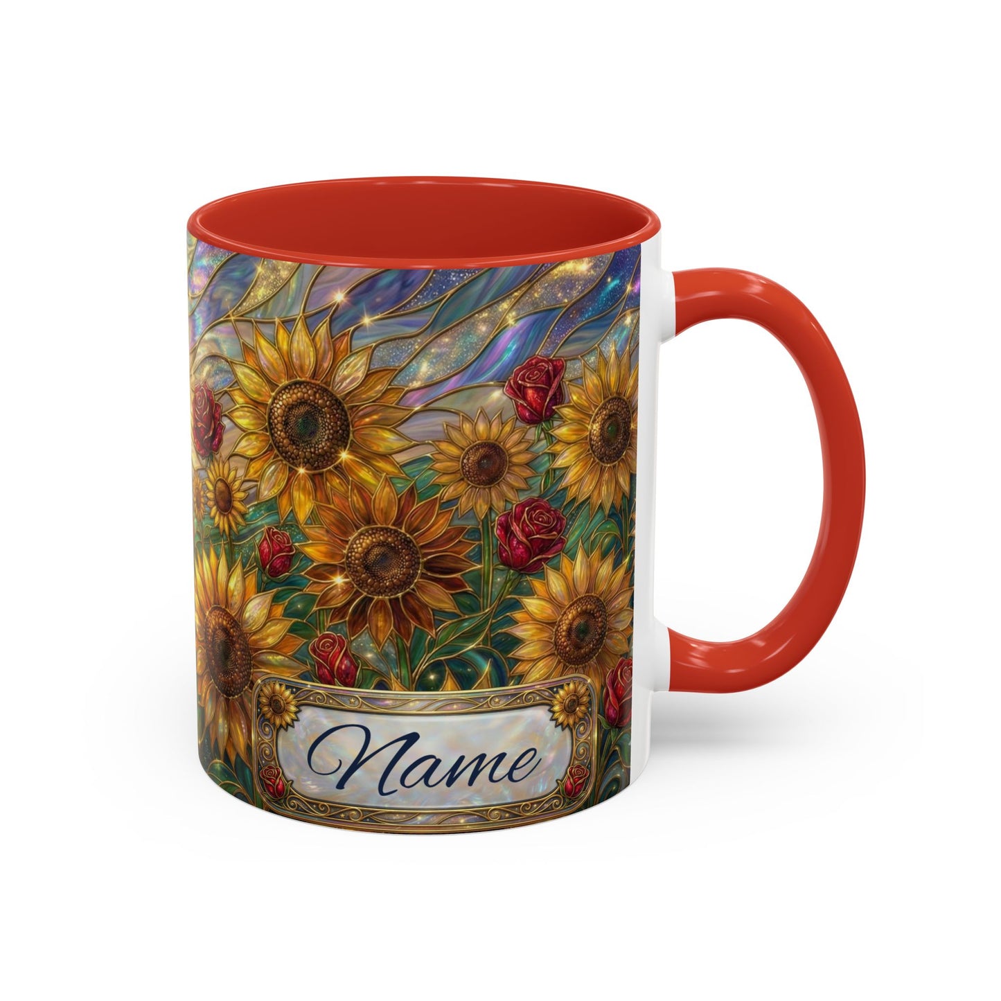 Personalized Stained Glass Sunflower Mug, Custom Red Rose Floral Coffee Cup, Celestial Night Sky Botanical Teacup, Gift For Flower Lover