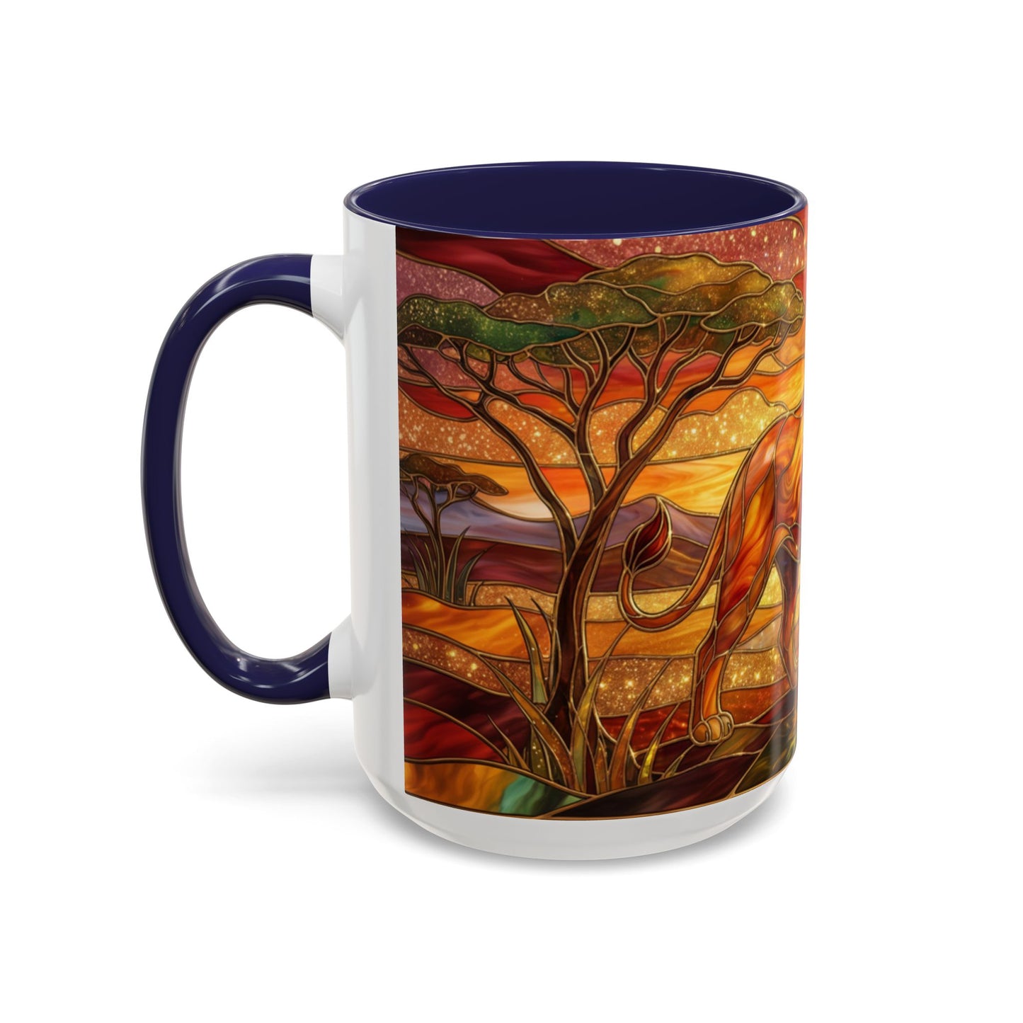 Stained Glass Lion Mug, Majestic Lion Coffee Cup, African Sunset Art Mug, Safari Wildlife Gift, Colorful Lion Lover Ceramic Mug