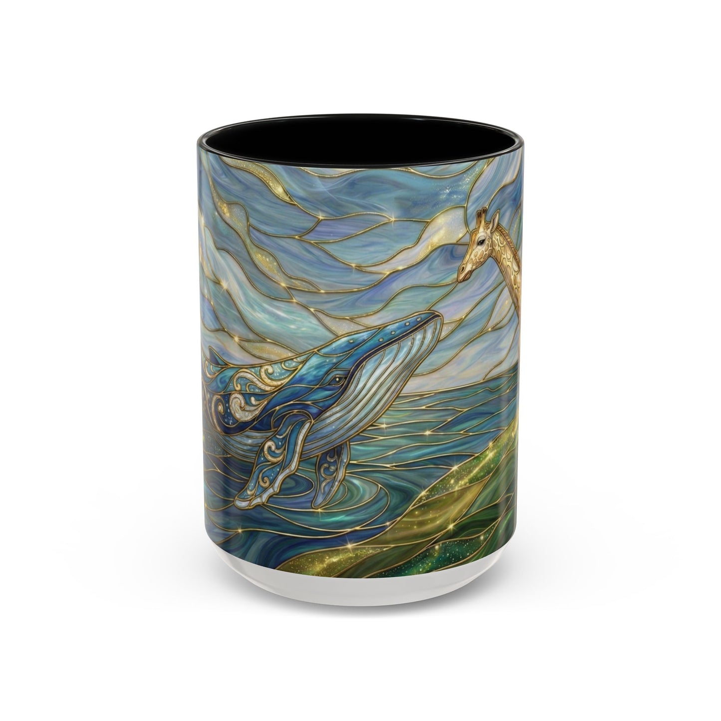 Whimsical Whale & Giraffe Accent Coffee Mug — Artistic Ocean-Sky Illustration (11/15oz)
