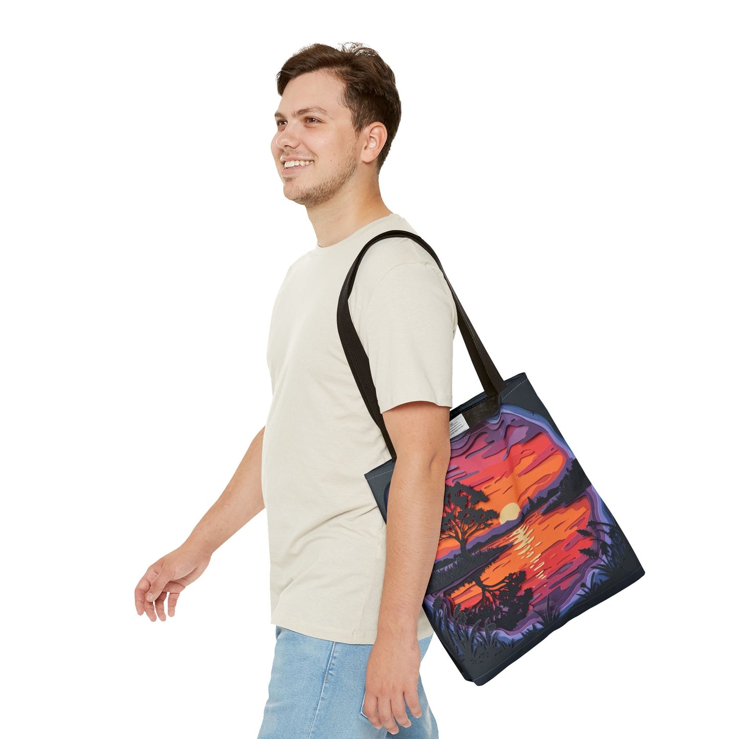 Sunset Landscape Canvas Tote Bag – Paper‑Art Inspired Nature Scene Tote – Colorful Sunset Market Tote, Eco Reusable Beach Bag, Vibrant Gift for Her