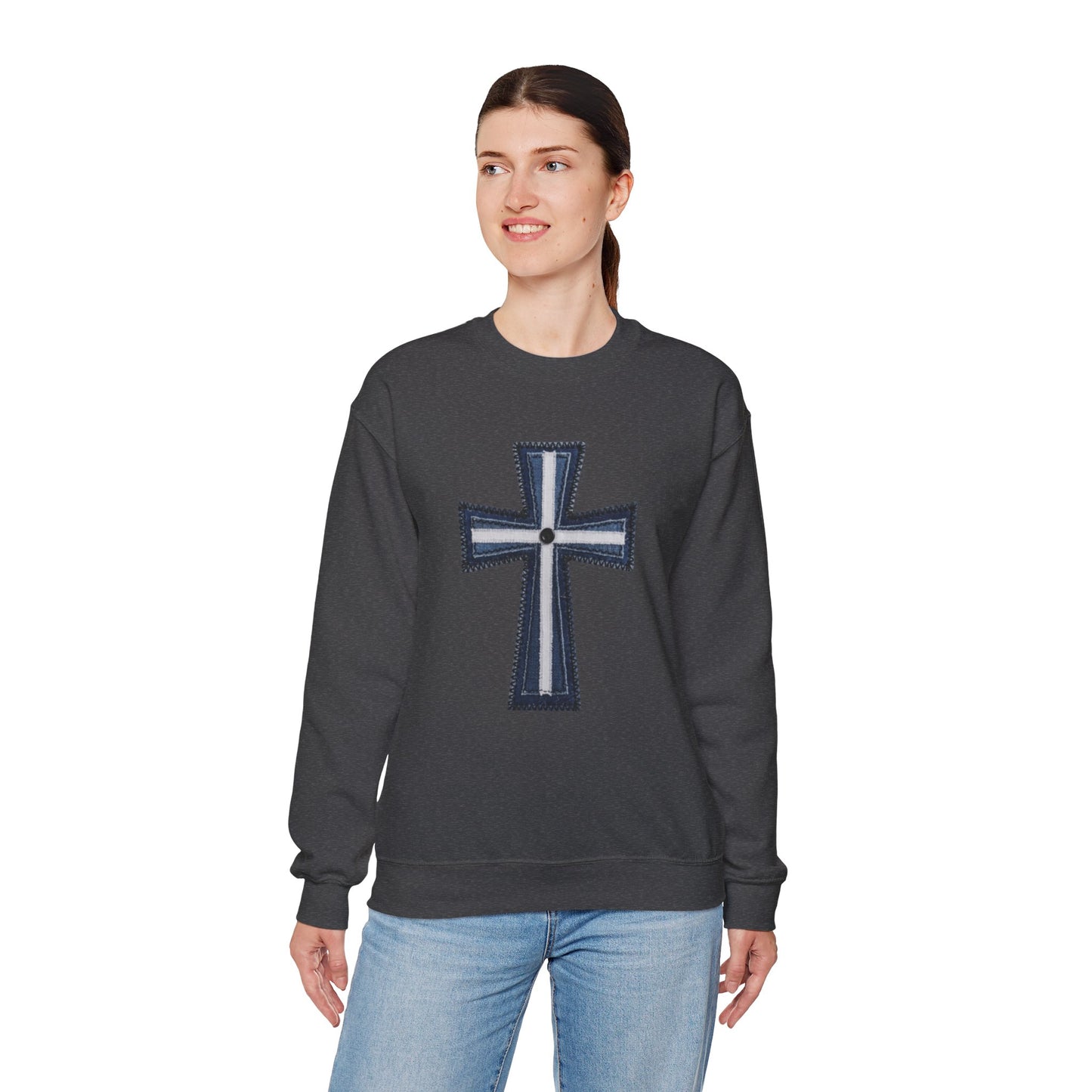 Faux Patchwork Cross Sweatshirt, Christian Patchwork Style Crewneck, Faith Gift for Women Men, Rustic Cross Sweatshirt, Religious Xmas Gift