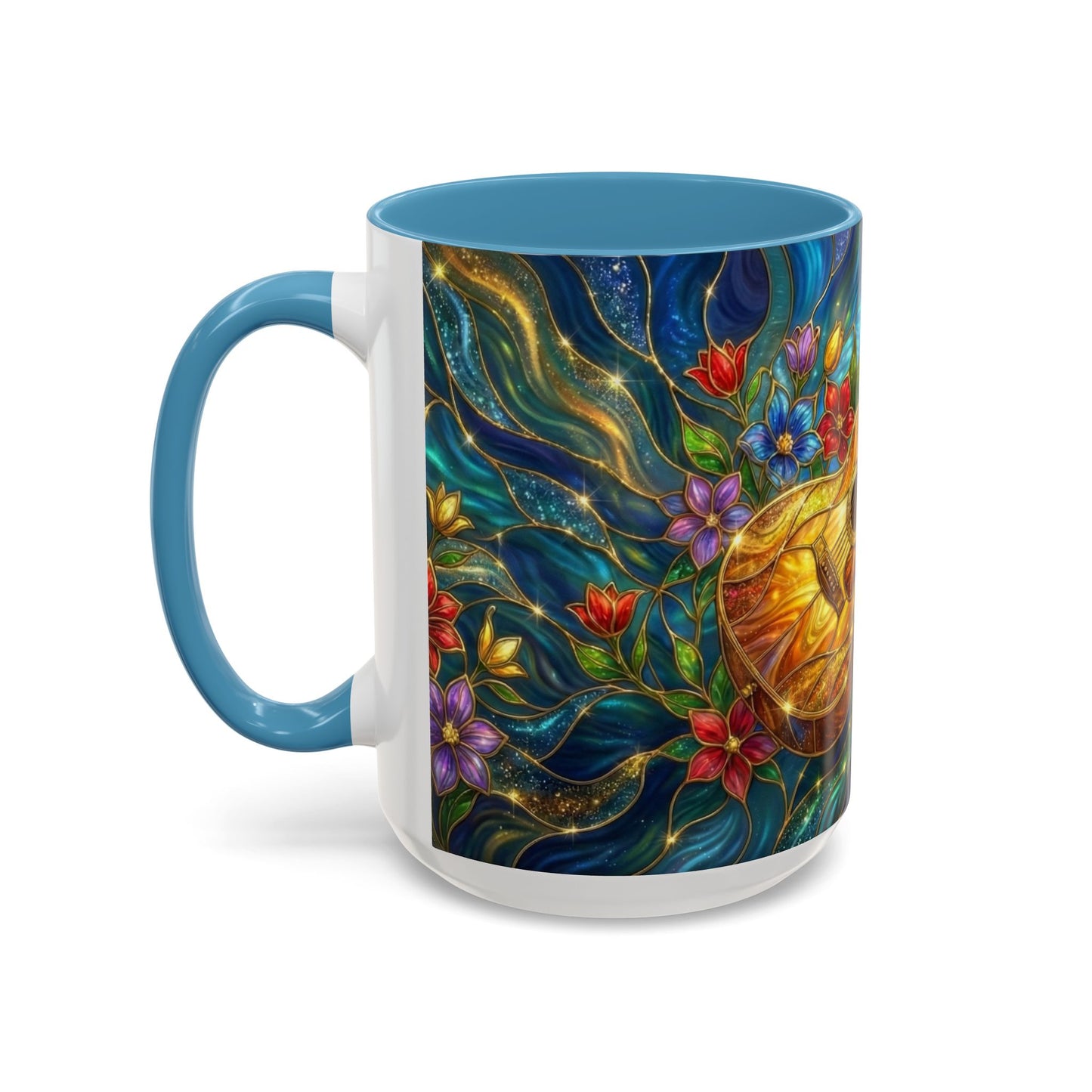 Guitar Coffee Mug, Stained Glass Guitar Art Mug, Music Lover Gift, Floral Acoustic Guitar Mug, Ceramic Coffee Cup, Unique Musician Gift, 11oz