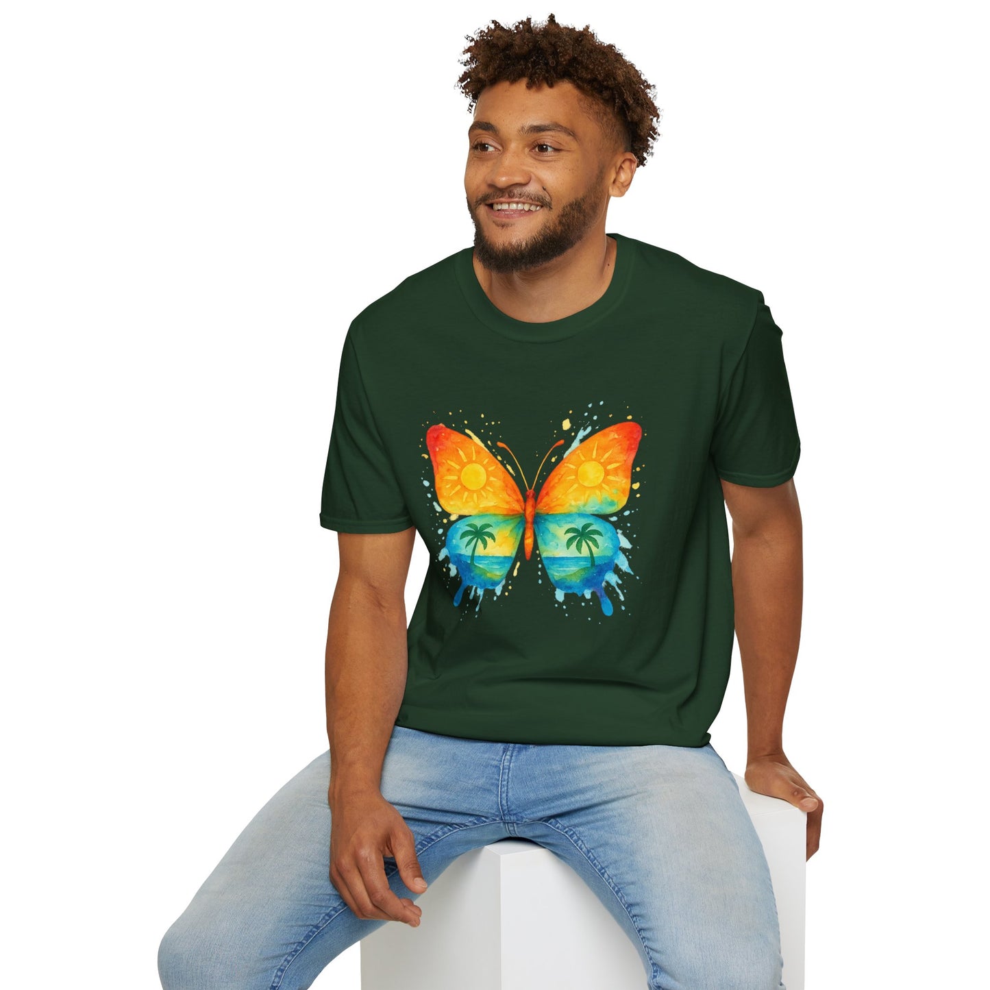 Butterfly Sunset Beach Tee - Ocean & Palm Watercolor Butterfly T-Shirt, Coastal Boho Graphic, Nature Lover Gift, Unisex Casual Tee