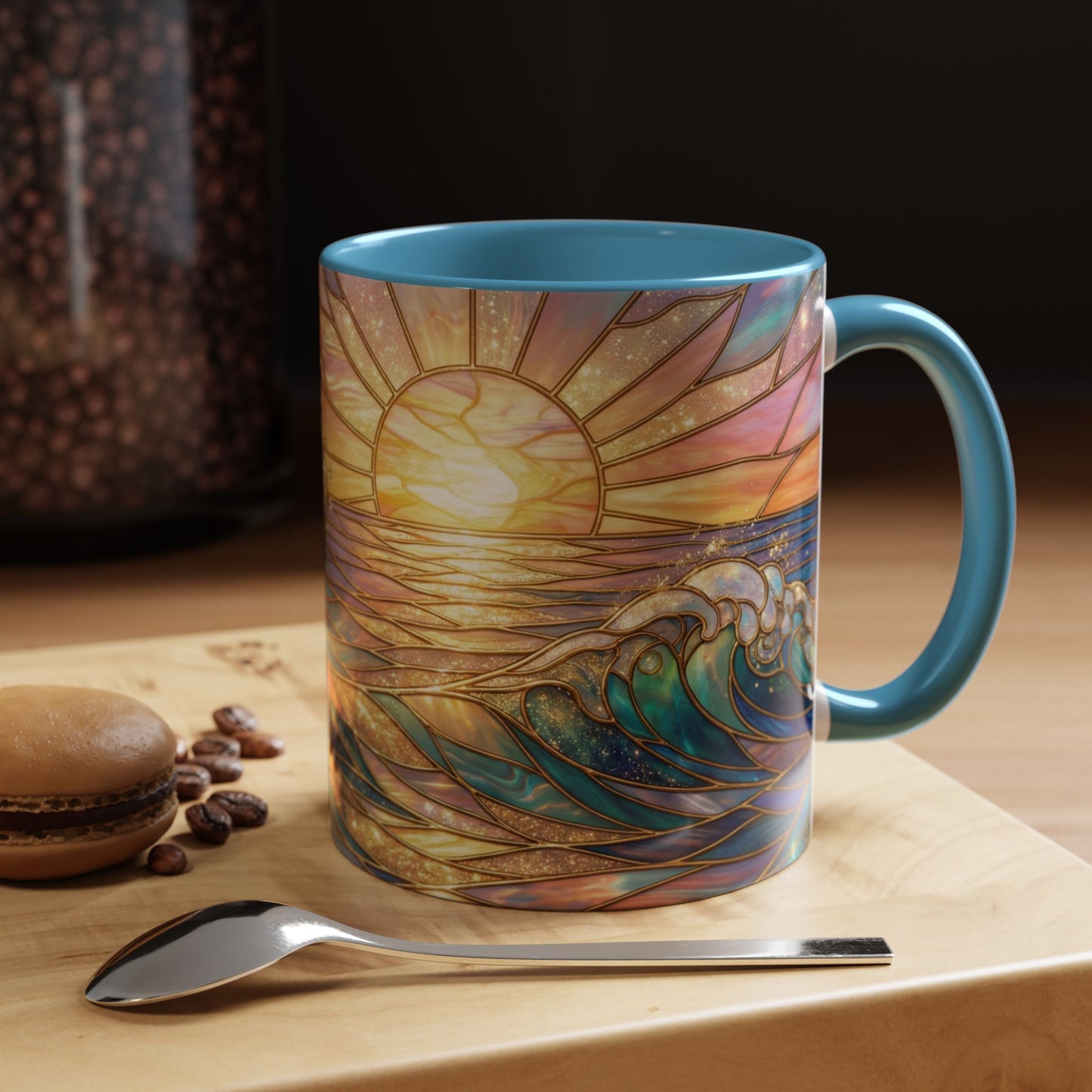 Stained Glass Ocean Wave Mug, Sunrise Beach Coffee Cup, Japanese Art Gift, Coastal Decor Kitchen, Mosaic Sea Tea Cup, Blue Gold Nature Lover