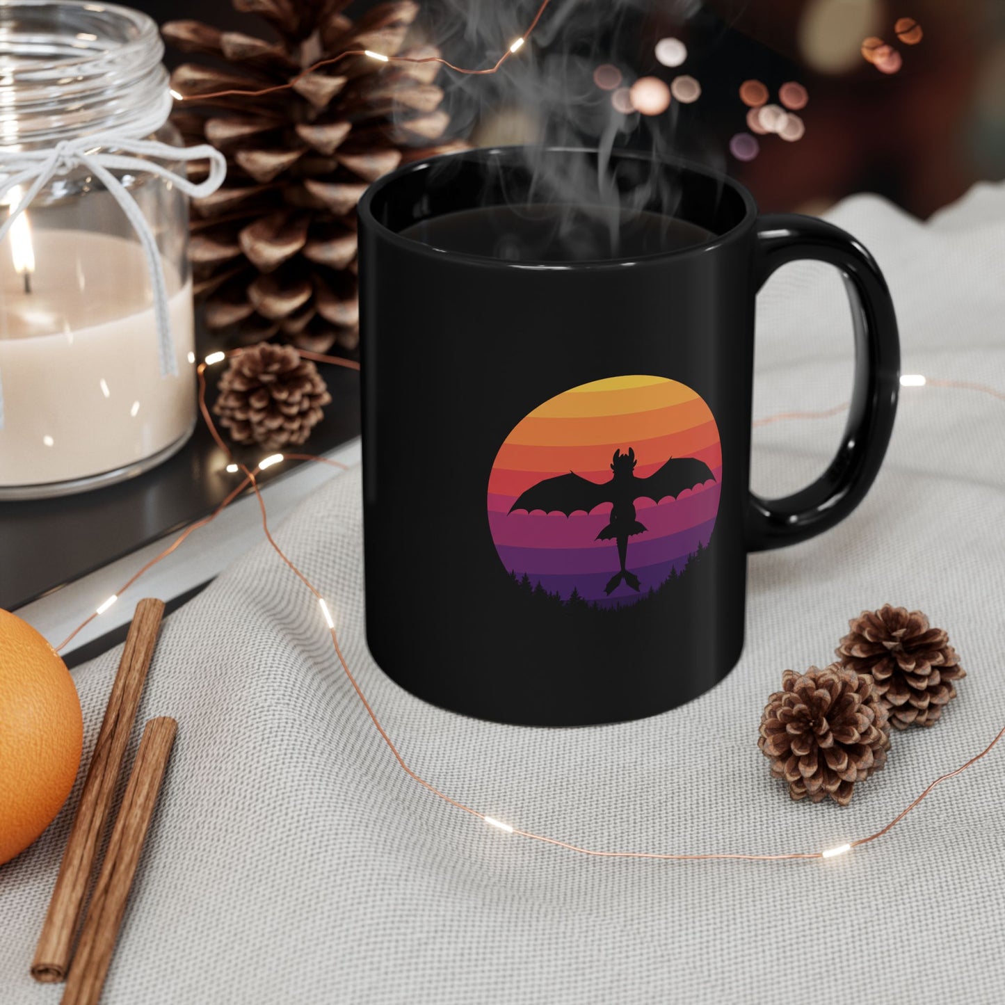 Dragon Mug, Fantasy Coffee Mug, Black Gothic Mug, Retro Sunset Dragon Gift, Gamer Mug, DnD Mug, Gift for Dragon Lover, Coffee Cup
