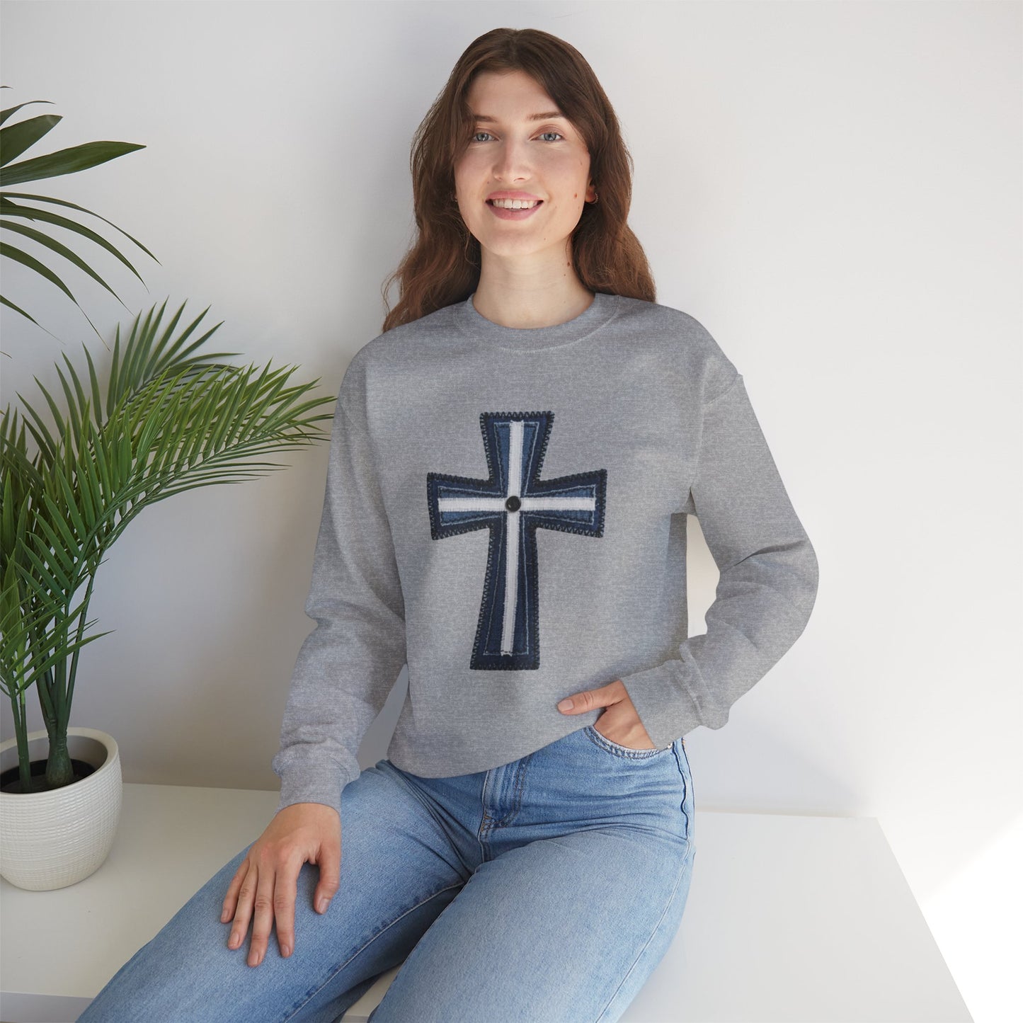 Faux Patchwork Cross Sweatshirt, Christian Patchwork Style Crewneck, Faith Gift for Women Men, Rustic Cross Sweatshirt, Religious Xmas Gift