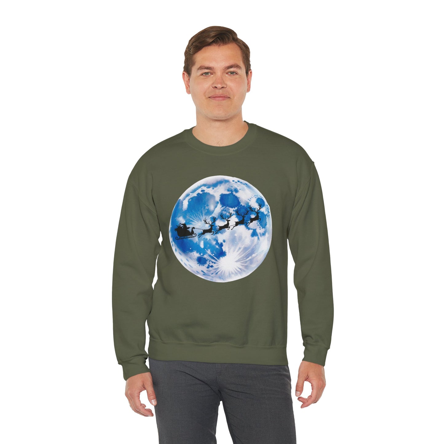 Santa And Reindeer Full Moon Christmas Sweatshirt, Holiday Night Sky Sweater, Cozy Unisex Crewneck, Festive Gift For Christmas Lovers