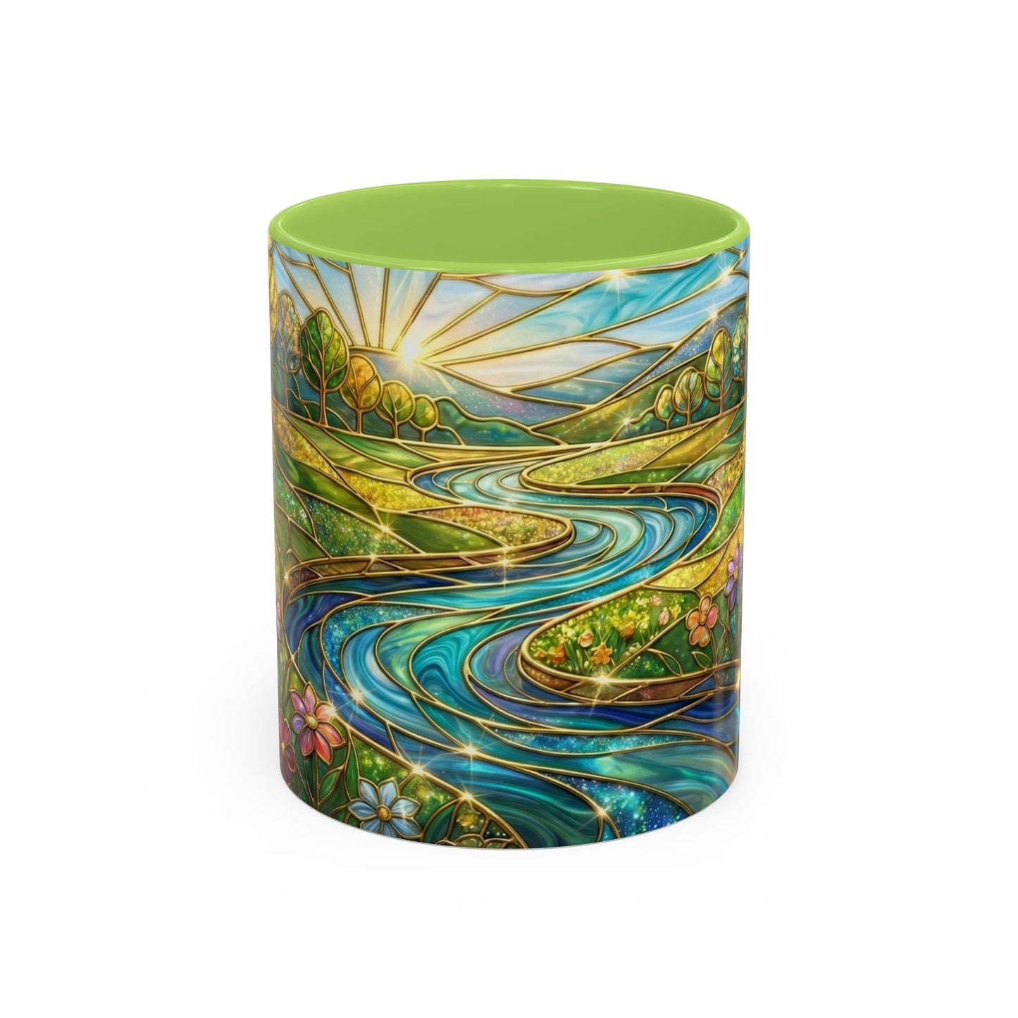 Stained Glass Mug, River Landscape Coffee Cup, Nature Lover Gift, Floral Tea Mug, Gardener Present, Art Teacher Gift, Colorful Scenery Cup