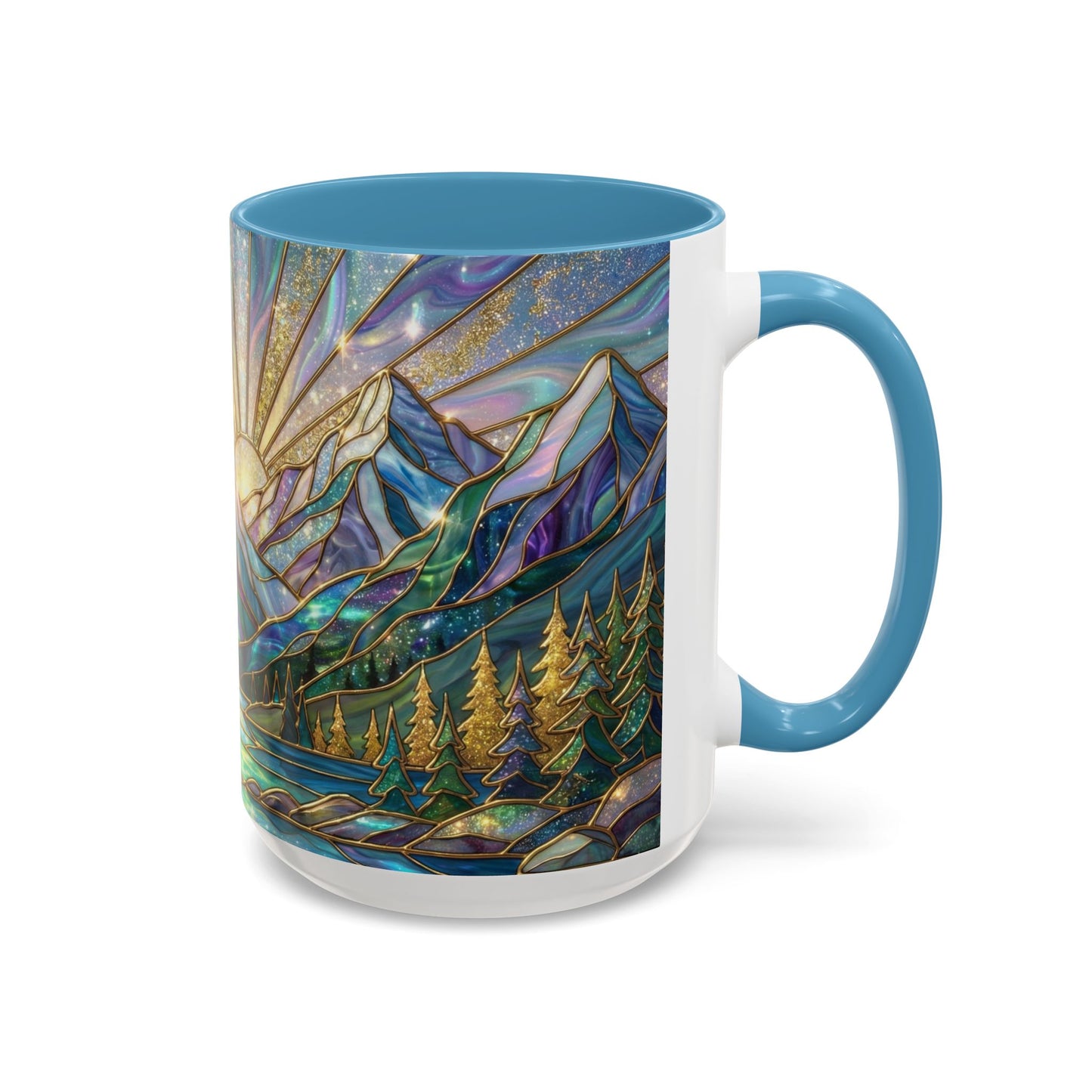 Stained Glass Mountain Mug, Mountain Landscape Coffee Cup, Galaxy Sky Nature Ceramic Mug, Sunrise River Forest Art, 11oz 15oz Gift