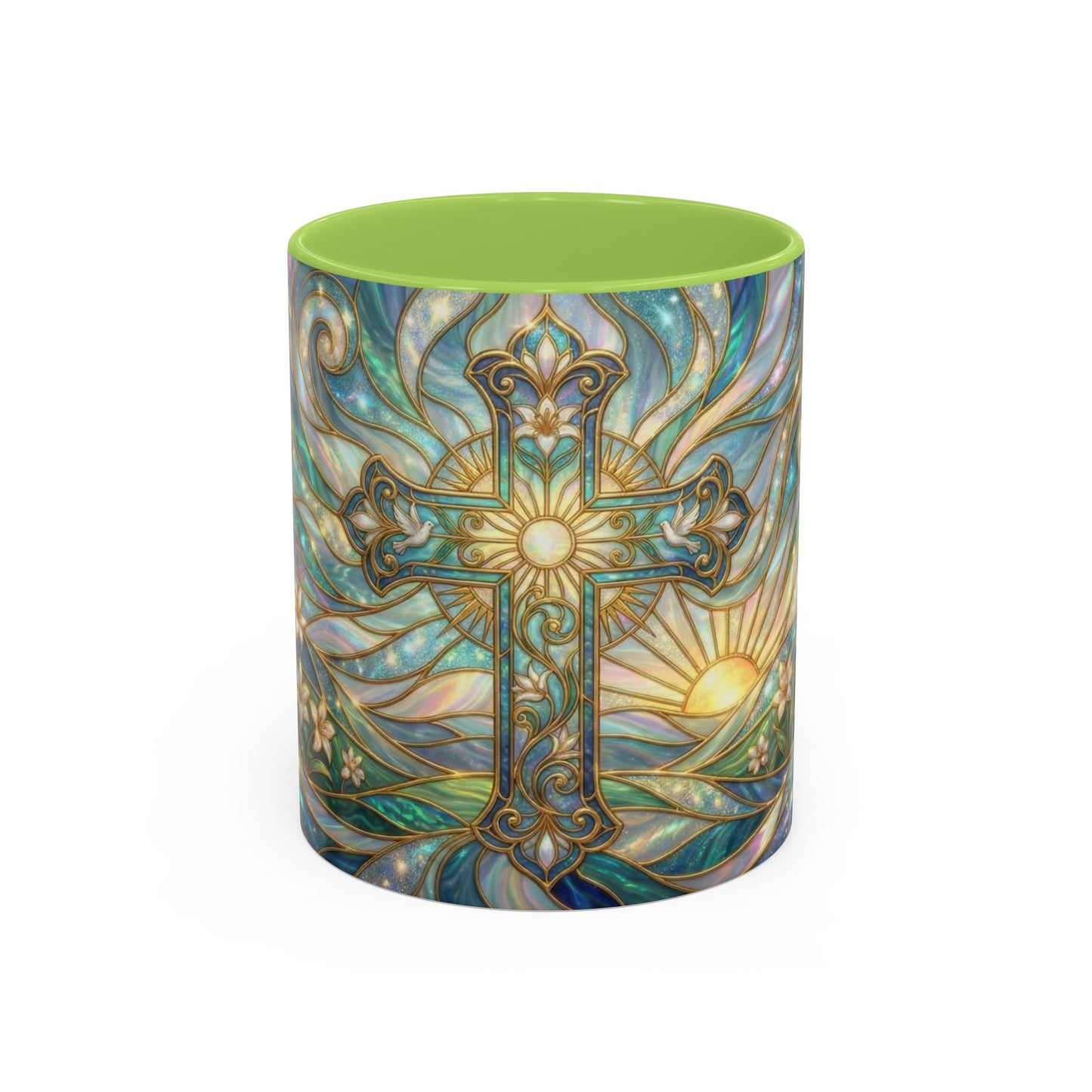 Stained Glass Cross Mug, Christian Coffee Cup, Religious Easter Gift, Celestial Faith Mug, Spiritual Sunrise Cup, Dove Lily Print Mug