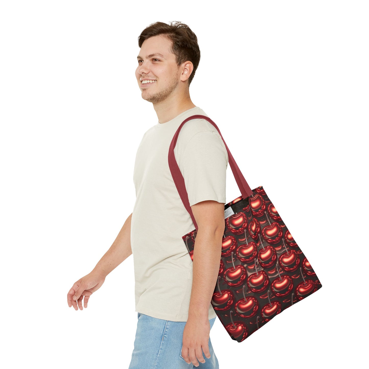 Glossy Cherry Pattern Canvas Tote Bag – Retro Black & Red Cherry Print, Coquette Cottagecore Aesthetic Shopper Tote, Fruit Lover Gift