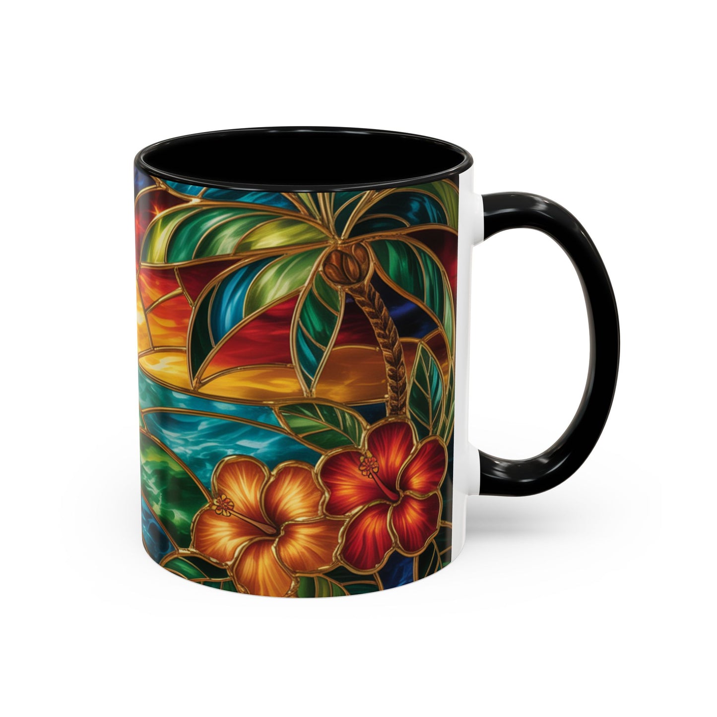 Stained Glass Tropical Sunset Mug, Hibiscus Flower Coffee Cup, Beach Lover Gift, Colorful Palm Tree Mug, Coastal Art Drinkware, Summer Cup