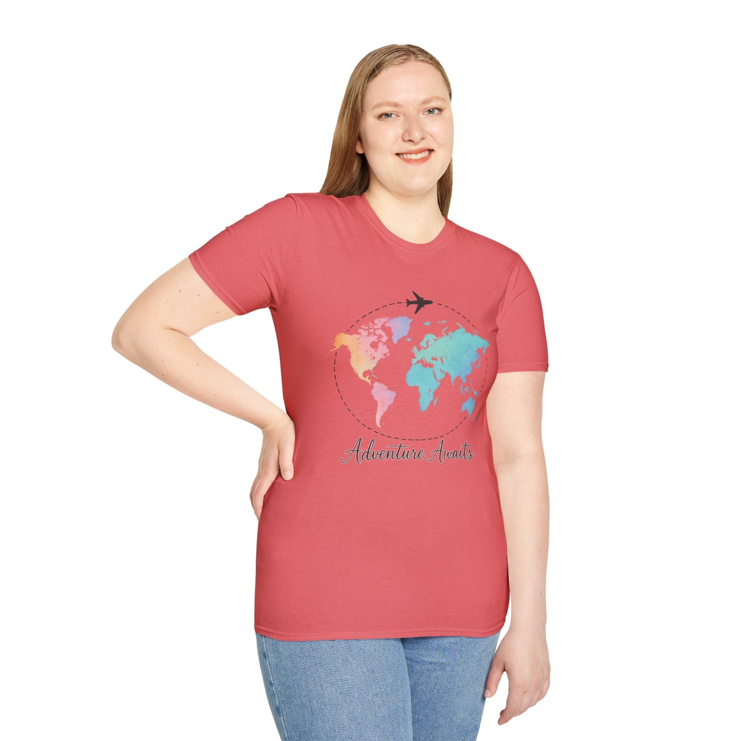 Adventure Awaits Travel Shirt | Watercolor World Map Tee for Women and Men | Wanderlust Gift for Travelers, Hikers, Campers, Beach Lovers