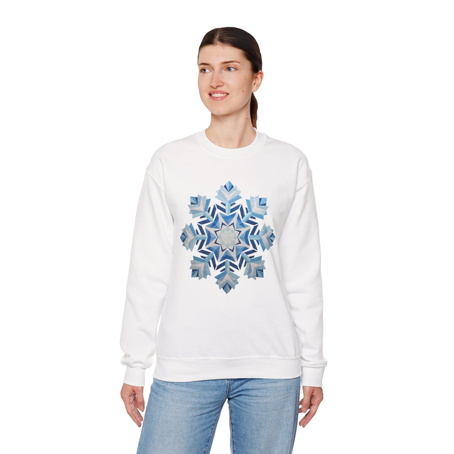 Faux Patchwork Snowflake Sweatshirt, Winter Snowflake Crewneck Unisex, Cozy Holiday Patchwork Sweatshirt, Nordic Snowflake Winter Pullover