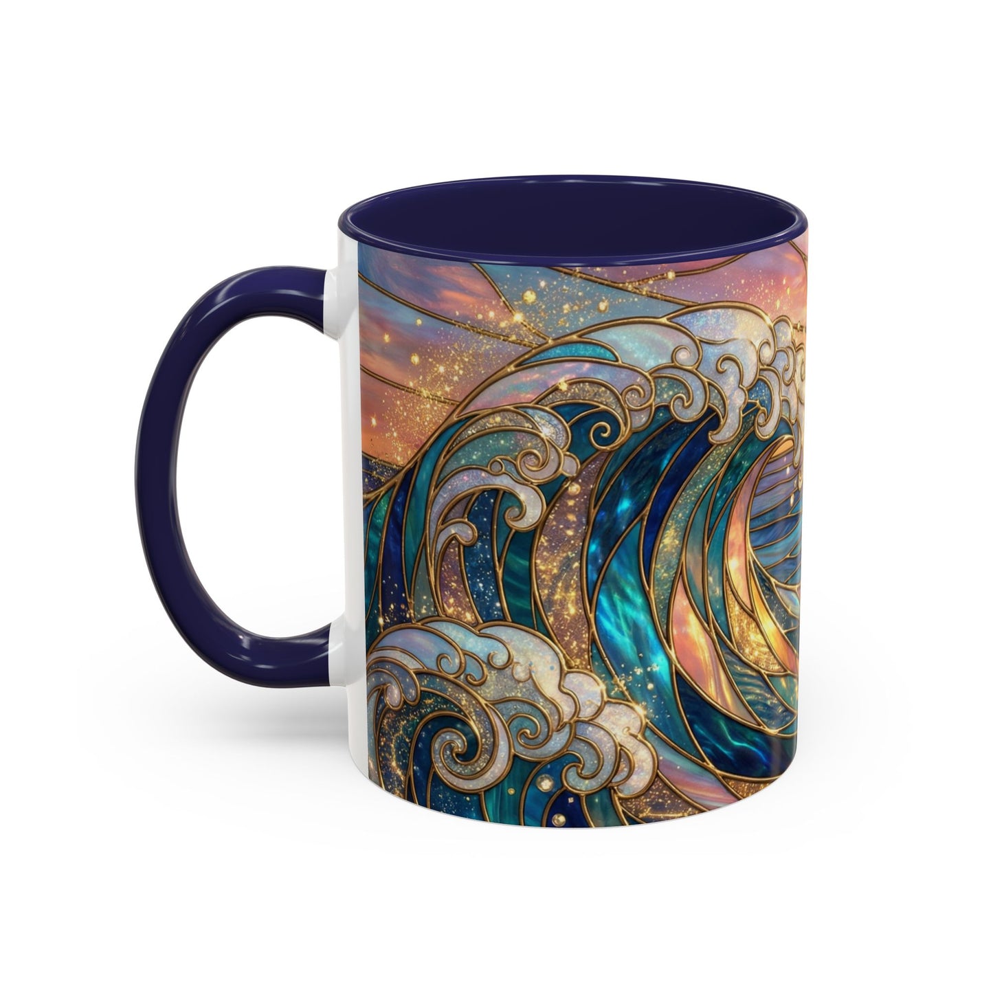 Stained Glass Ocean Wave Mug, Sunrise Beach Coffee Cup, Japanese Art Gift, Coastal Decor Kitchen, Mosaic Sea Tea Cup, Blue Gold Nature Lover