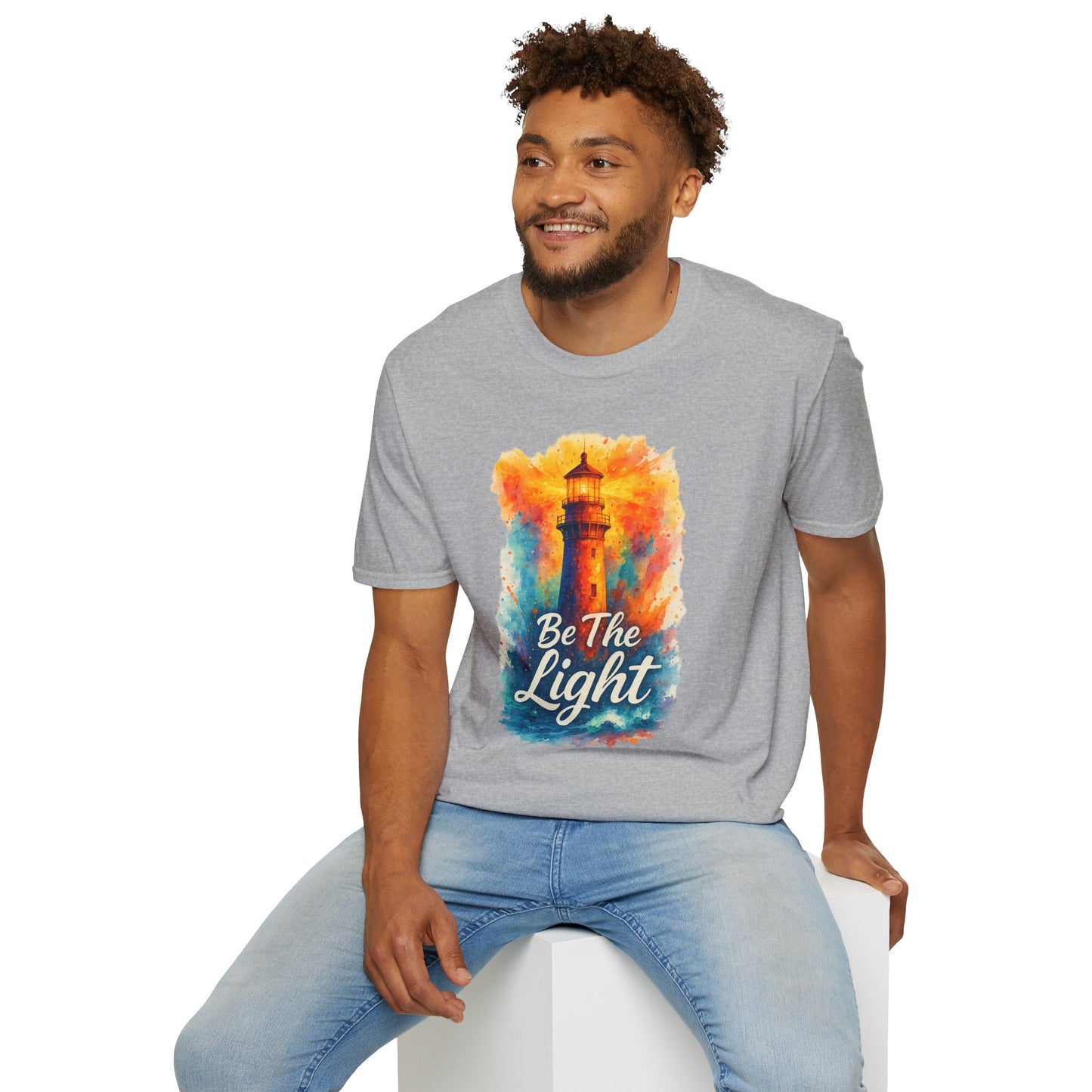 Be The Light Lighthouse T-Shirt | Inspirational Spiritual Tee | Coastal Nautical Gift for Her and Him | Unisex Softstyle Graphic Tee