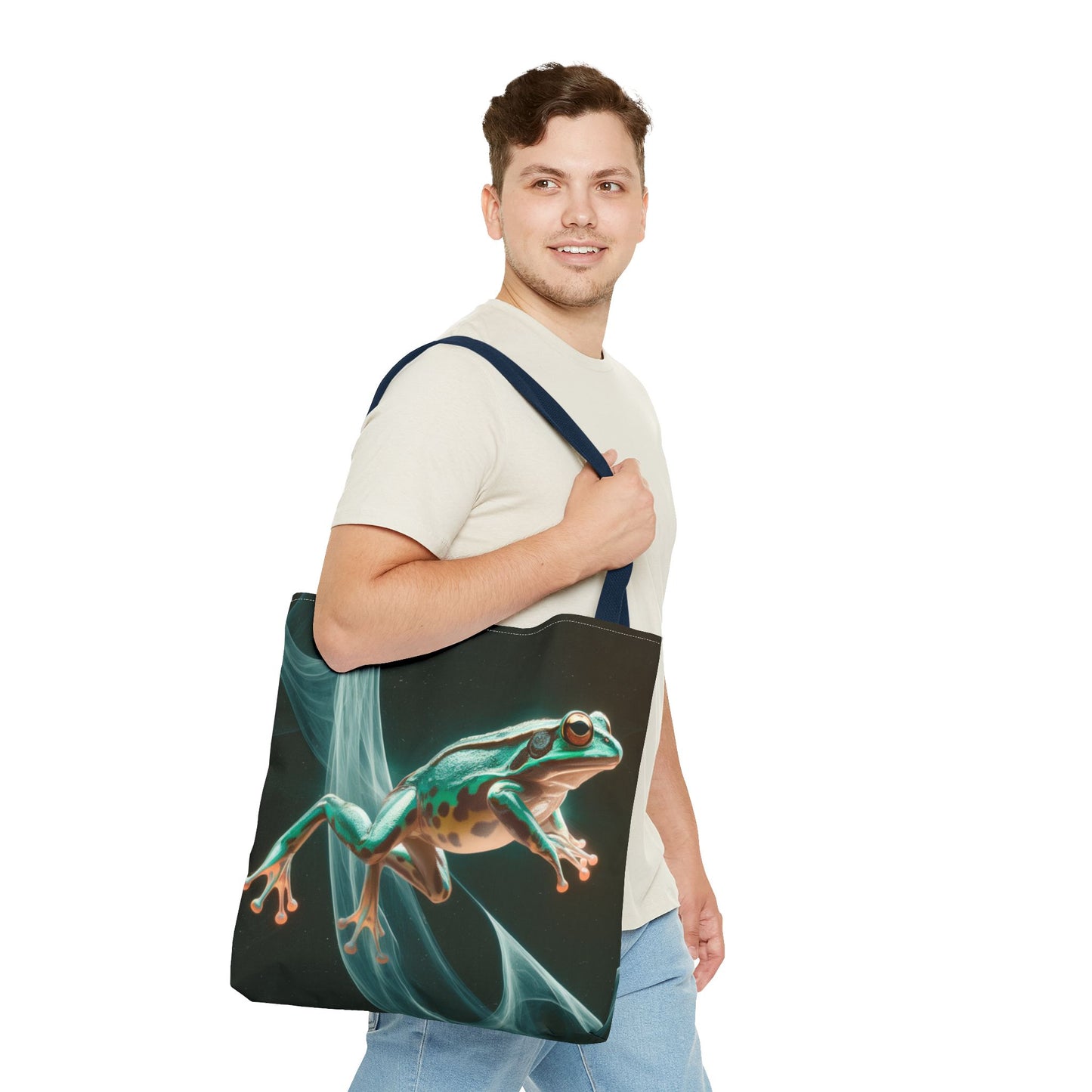 Frog in Motion Tote Bag, Nature-Inspired Green Frog Design Eco-Friendly Shoulder Bag, Artistic Reusable Tote For Everyday Use And Gifts